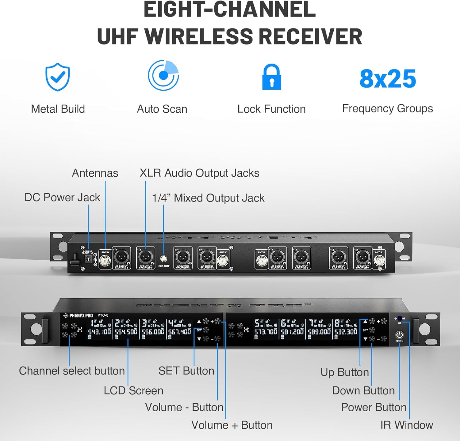 Phenyx Pro 8-Channel Wireless Conference Microphone System, Wireless Podium Microphone with 8x25 UHF Frequencies, Auto Scan, 8 Gooseneck Mics for Lecture, Church, Conference, Public Speaking (PTC-8)