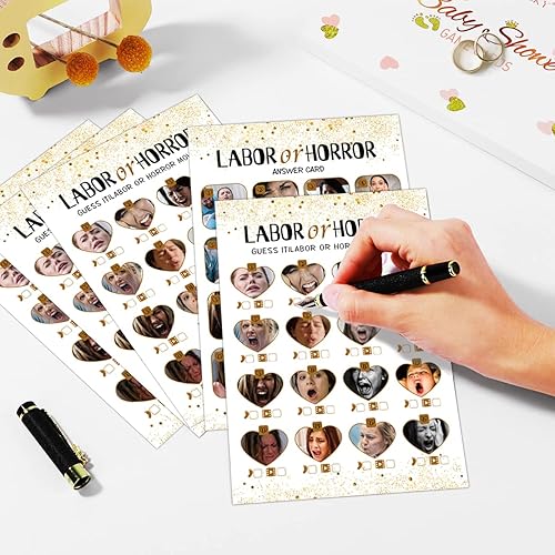 Miniatura 4 de Juego de baby shower de trabajo u terror, 31 tarjetas (incluyendo respuestas), fiesta de revelación de género, para mamá, papá, niños, mujeres,