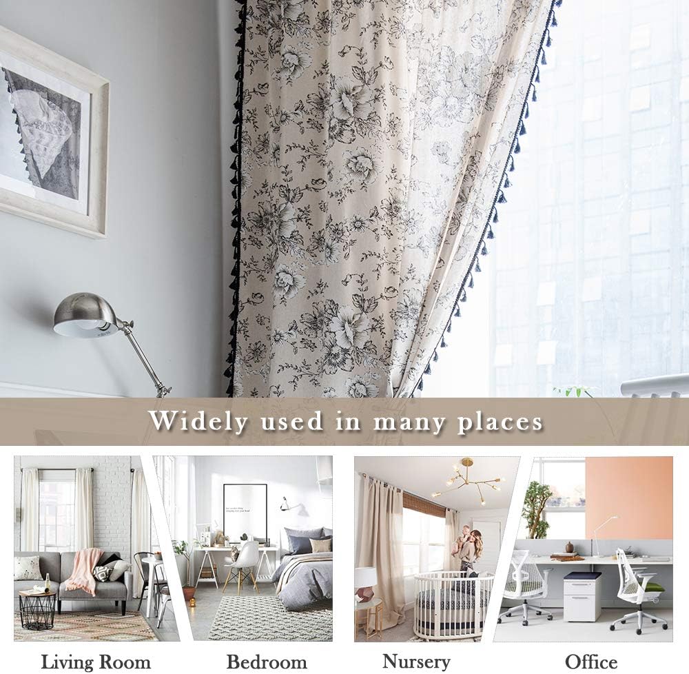 ColorBird Botanical Print Semi-Blackout Window Curtains 2 Panels Farmhouse Style Cotton Linen Darkening Curtains with Tassels Rod Pocket Window Drapes for Living Room Bedroom (52" W x 84" L, Floral)