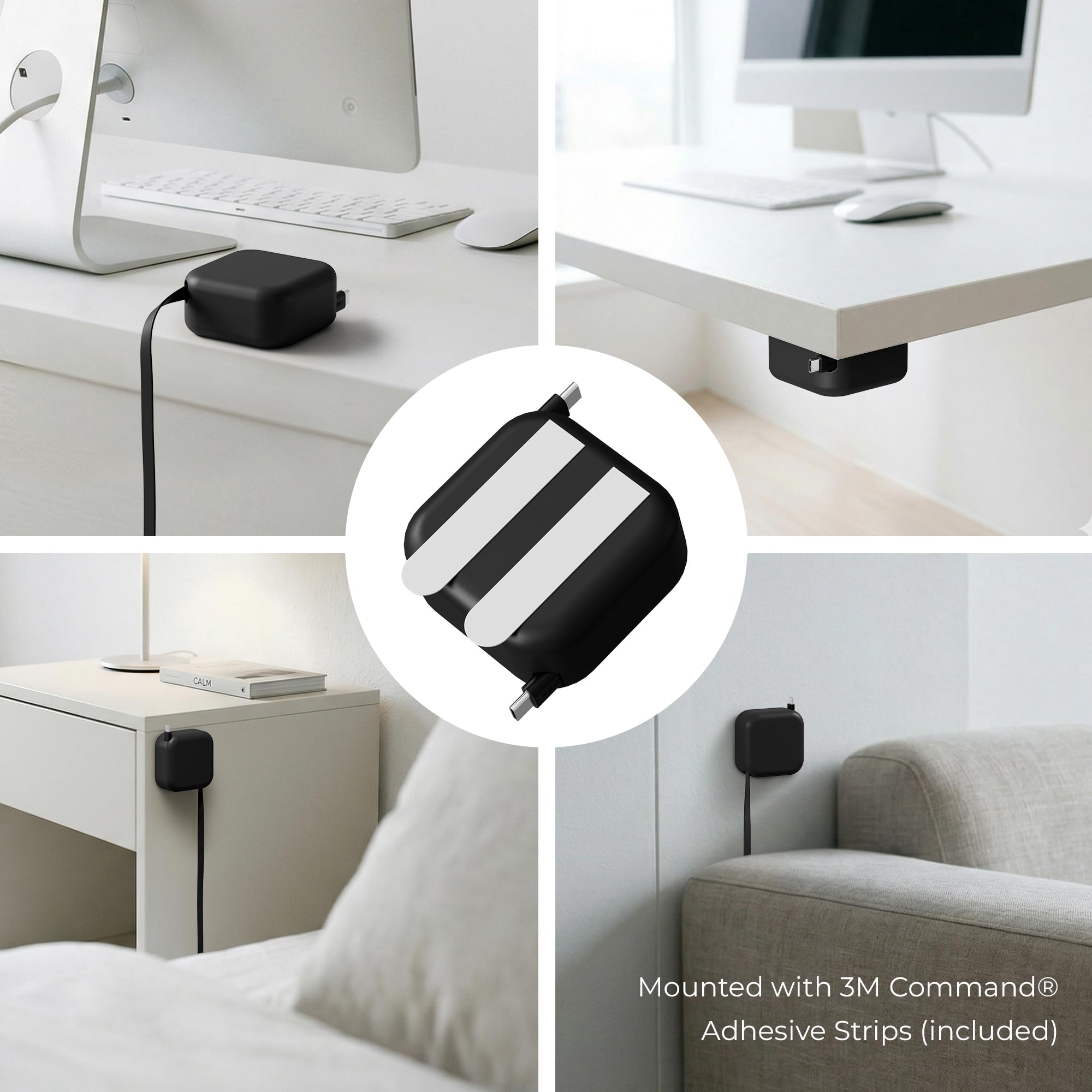 Willox Einziehbares USB-C-Kabel, 240 W, Schwarz | Befestigung an Tischen/Wänden, 240 W PD-Schnellladung, bis zu 2 m End-to-End, doppelter unabhängiger Rückzug, USB-C auf USB-C