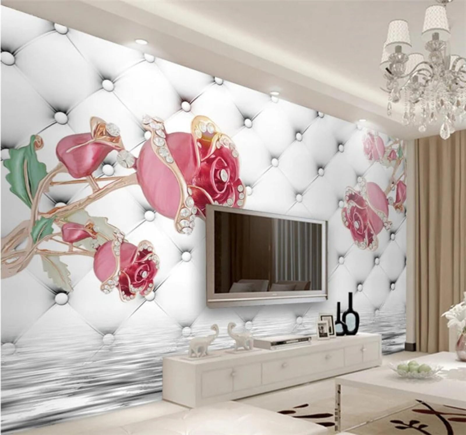 Wallpaper-3D-Xlm 400Cm×280Cm(B×H) Luxury Pink Roses Upholstered Jewellery 3D Wallpaper Easy Install Feature Office Living Room Sofa Bedroom Tv Background Wall Decoration-400Cm×280Cm