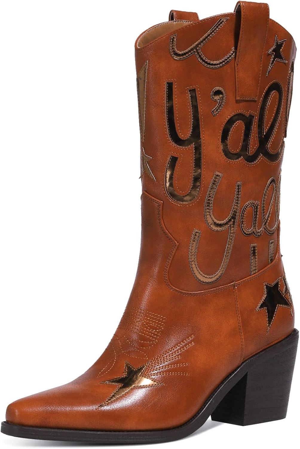 Metallic Western Cowboy Boots for Women Mid Calf Embroidered Cowgirl Boots Pointed Toe Chunky Block Heel Pull on Boots Concert Festival Rodeo