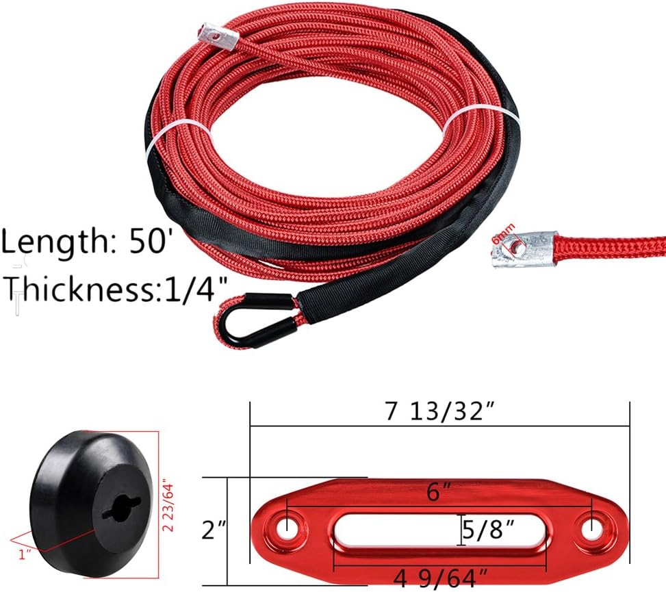 50ft x 1/4" Red Synthetic Winch Rope 12-Strand Heat Rock Guard + 6" Mount Hawse Fairlead + Rubber Stopper for Recovery ATV UTV KFI Ramsey Tow Truck
