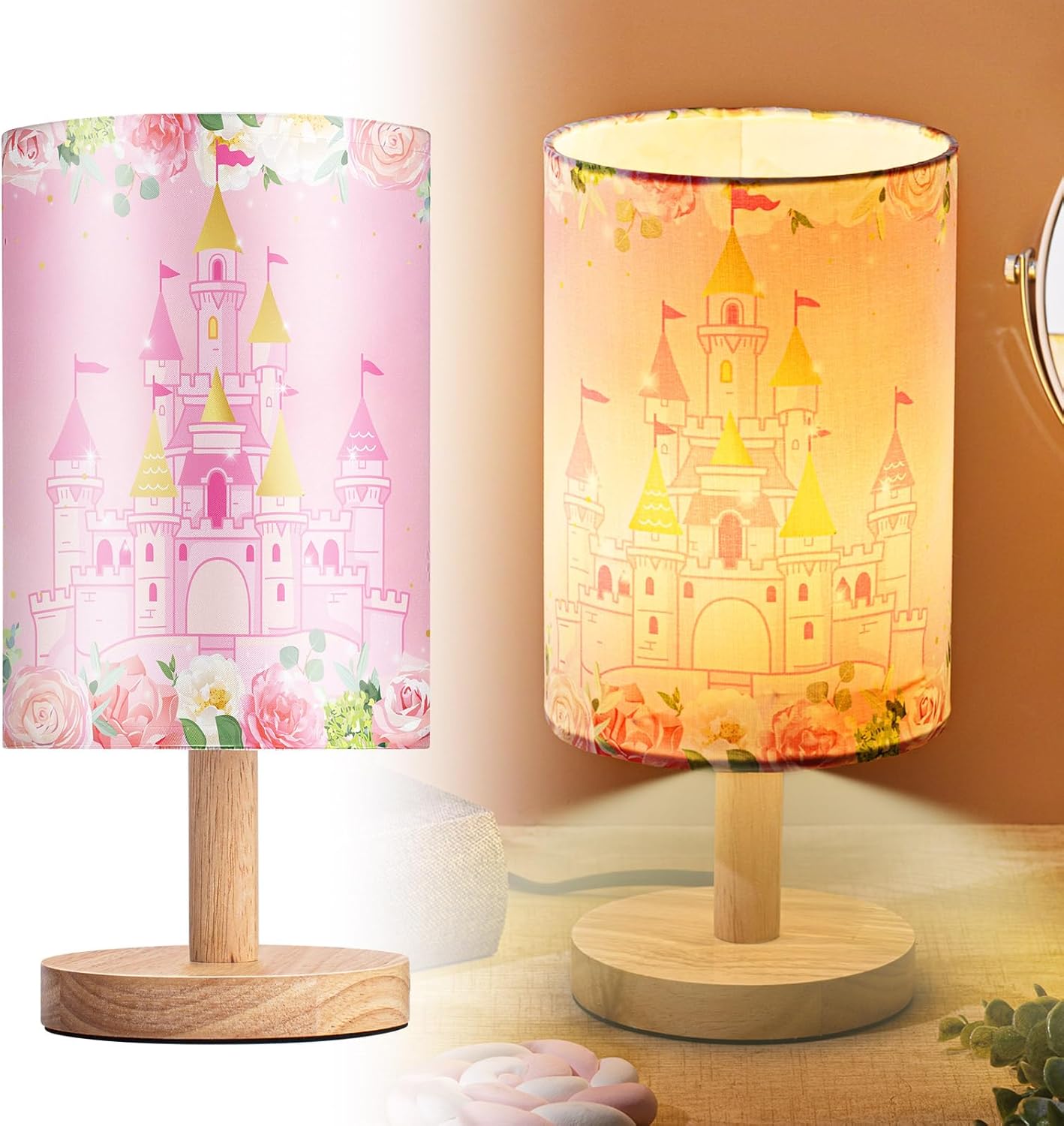 Tujoe Princess Lamps Pink Castle Fabric Nightstand Table Lamp Bedside Decor for Girl Kids Gift Reading Bedroom Living Room Home Decor Christmas Gift