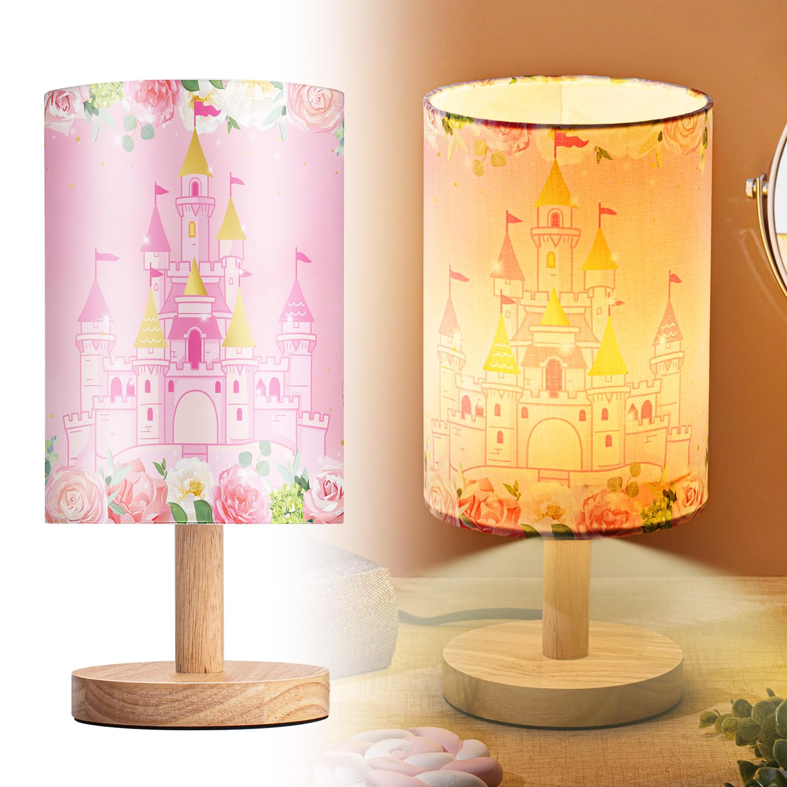 Tujoe Princess Lamps Pink Castle Fabric Nightstand Table Lamp Bedside Decor for Girl Kids Gift Reading Bedroom Living Room Home Decor Christmas Gift