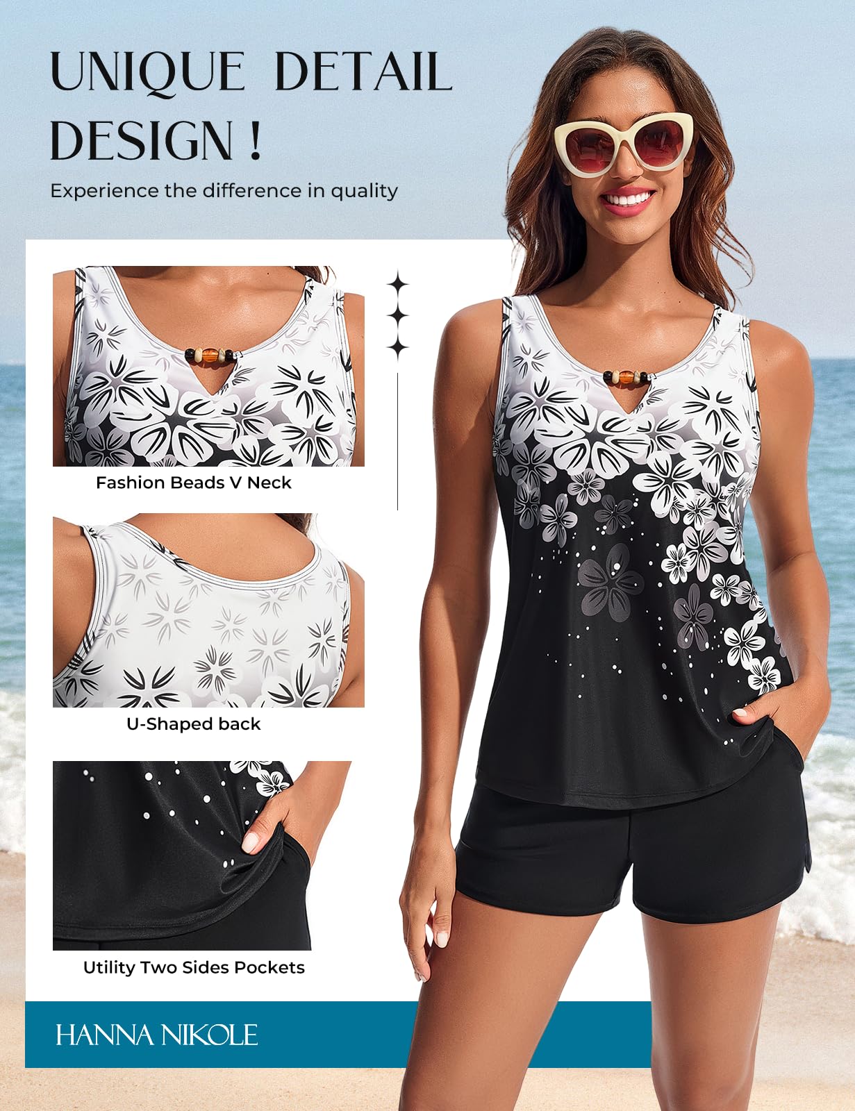 Hanna Nikole Set tankini da donna in 2 pezzi, costume da bagno modesto, costume da bagno con scollo a V e tasche sportive con pantaloncini da bagno, costume da bagno da donna, 2 pezzi