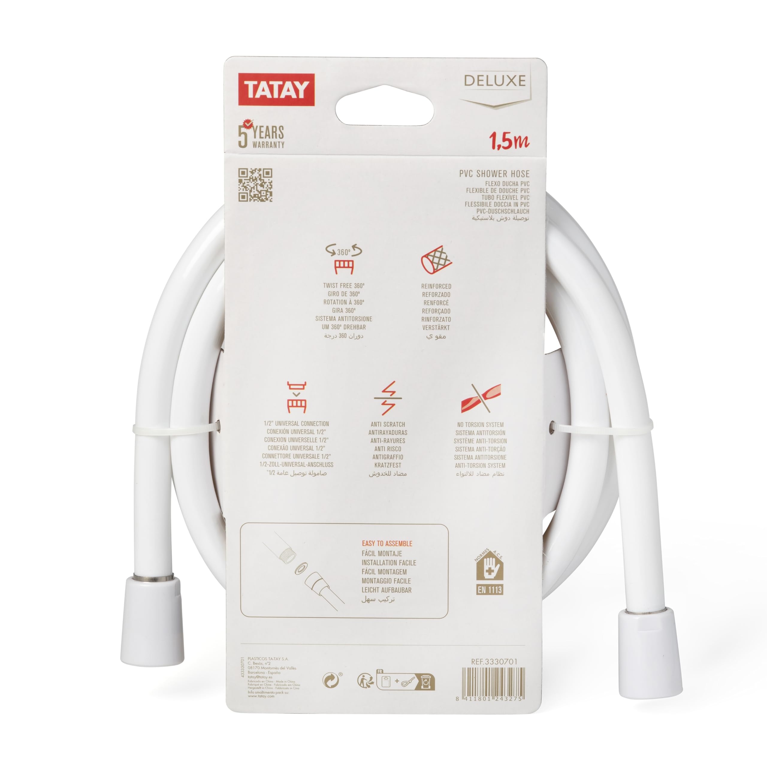 TATAY Shower Hose Loop Silver, 1.5M, PVC Flexo, Anti-Twist, 360° Twist, Anti-Scratch, Universal Thread G 1/2’, White - Image 3