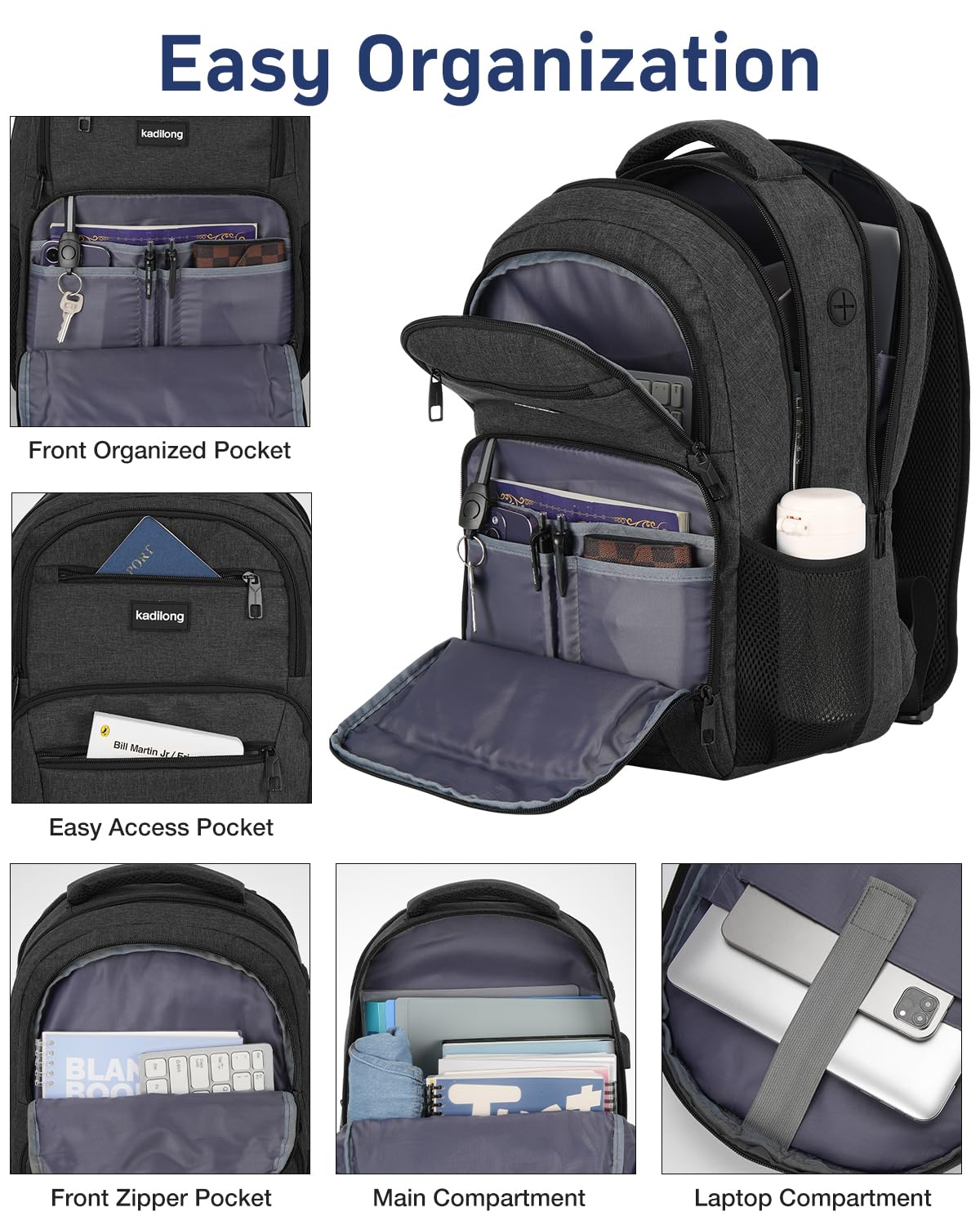 kadilong Zaino da uomo per computer portatile, borsa per libri da donna, zaino scolastico per ragazzi e adolescenti, antifurto con scomparto per caricabatterie USB