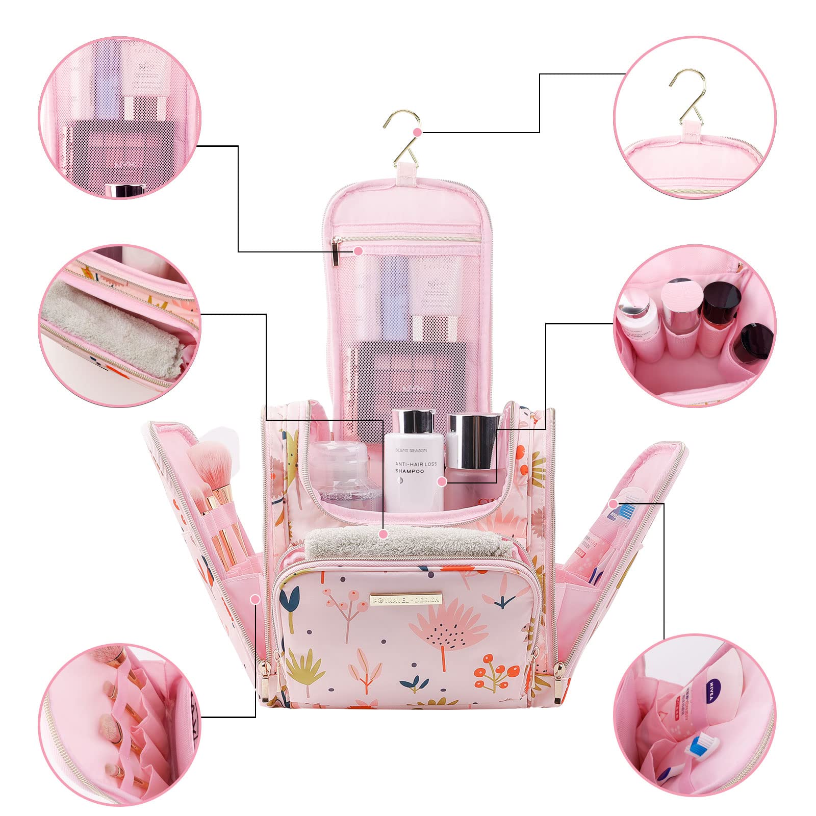 Bolsas de Aseo para Mujeres y Niñas, Lychii Neceser de Viaje con Colgar Gancho, Impermeable Organizador de Cosméticos - Floral
