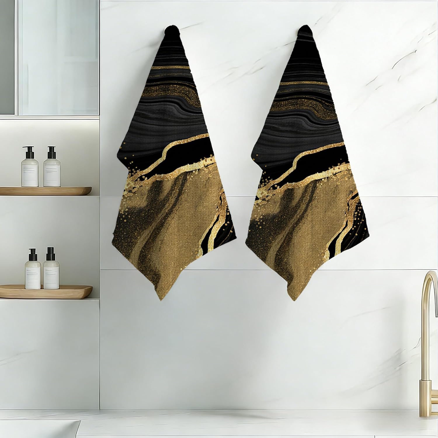 Gold Black Marble Kitchen Dish Towels,Farmhouse Hand Towels 16x24 Inch Decorative Absorbent Dish Cloth for Cooking Baking Cleaning Bathroom Decor Set of 2