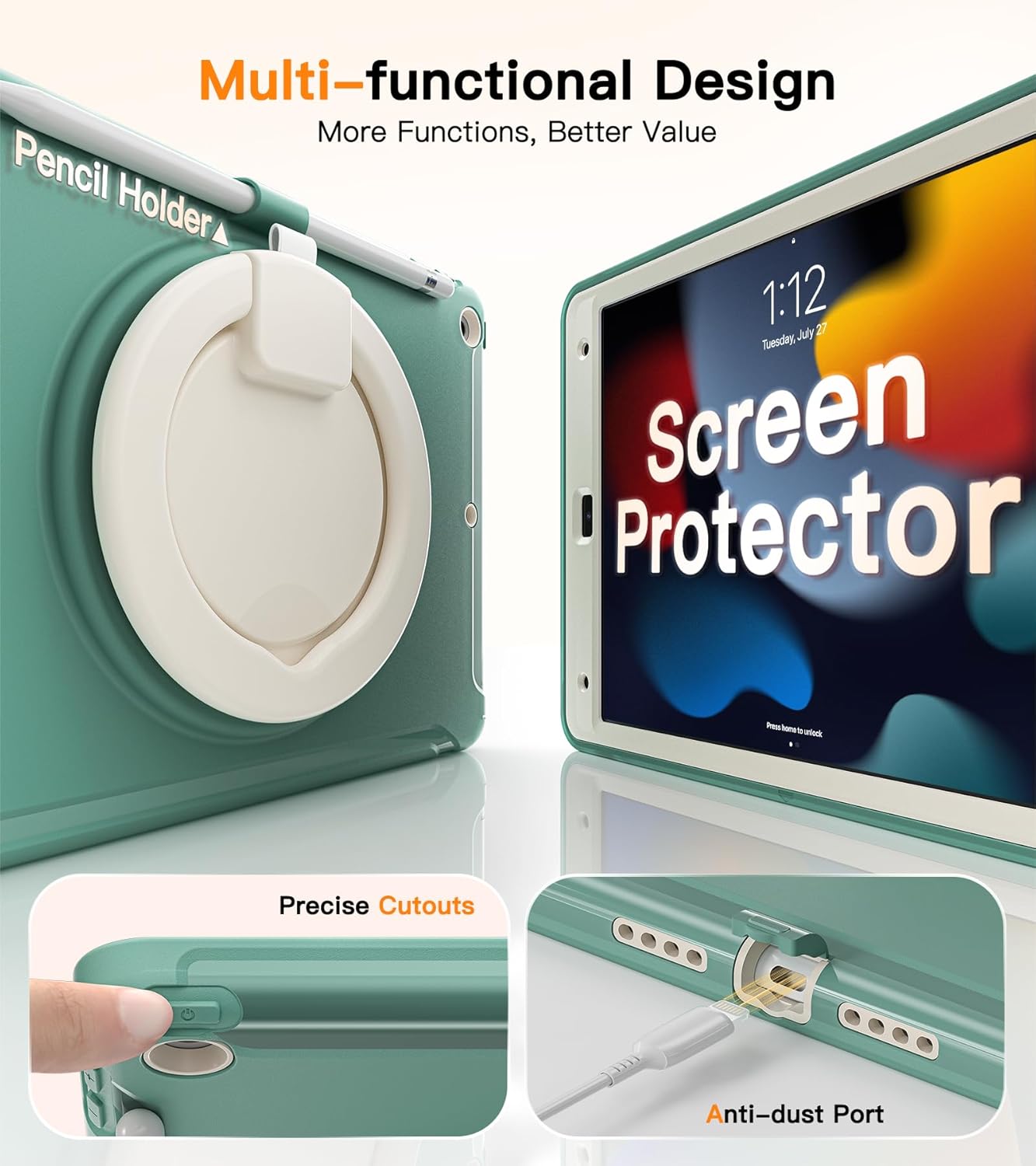 BATYUE Shockproof Case for iPad 7th/8th/9th Gen 2019/2020/2021 | 360° Multi-Angle Stand (Portrait & Landscape) & Grip, Built-in Screen Protector, Pencil Holder, Jade Green
