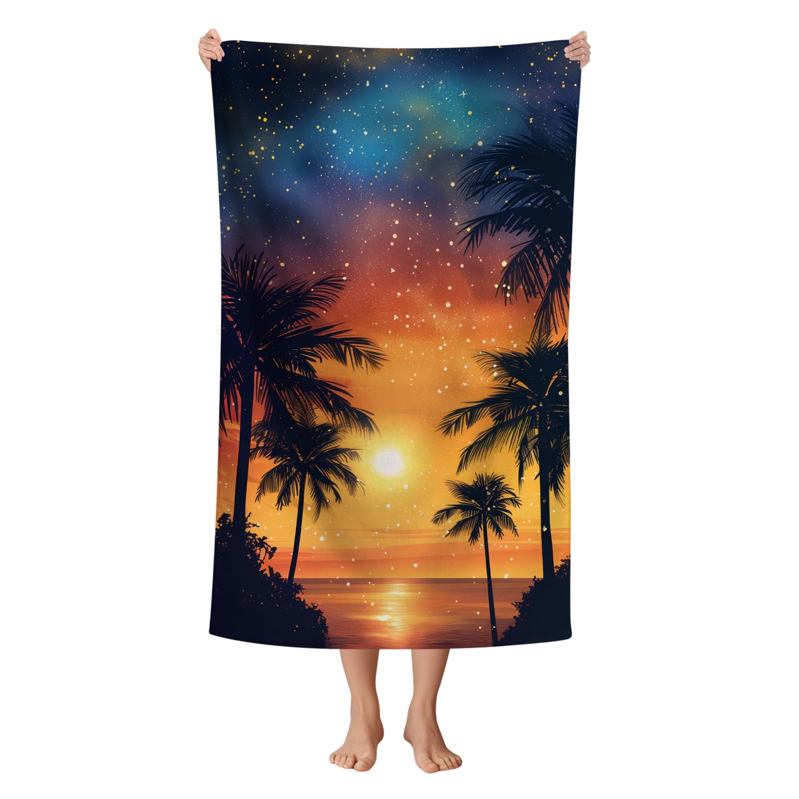 WZOMT Microfiber Beach Towel Oversized Summer Palm Tree Sunset Bath Towels, Orange Blue Black Sand-Free Absorbent Quick Dry Towels for Swim/Pool/Surf/