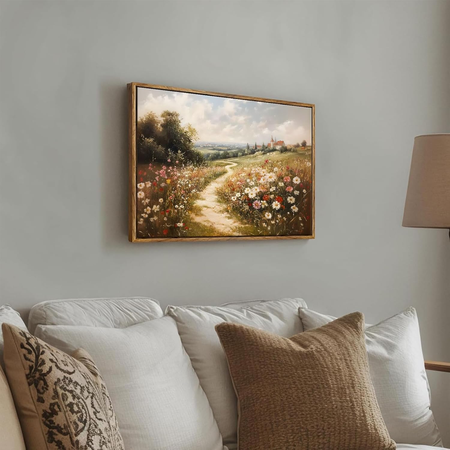 Framed Vintage Wildflower Landscape Canvas Wall Art Rustic Nature Flower painting Decor Pictures Farmhouse Nature Floral Posters Prints for Corridor Living Classroom Bedroom Decoration