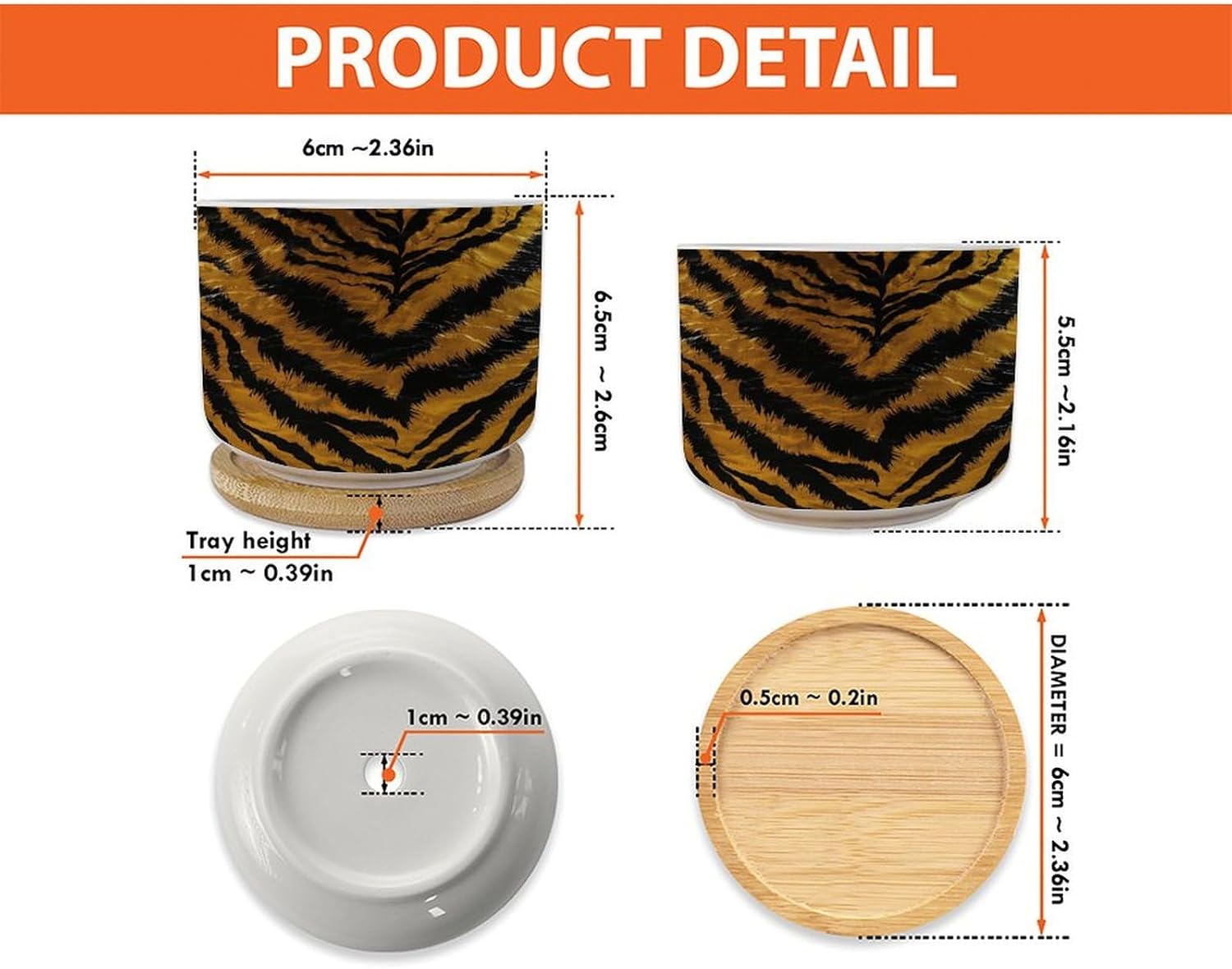 3 Piece Tiger Stripes Brown Small Succulents Plant Pot Asian Style Chinoiserie Flower Pot for Indoor with Drainage Bamboo Trays Animal Print Tiger Ceramics Planters