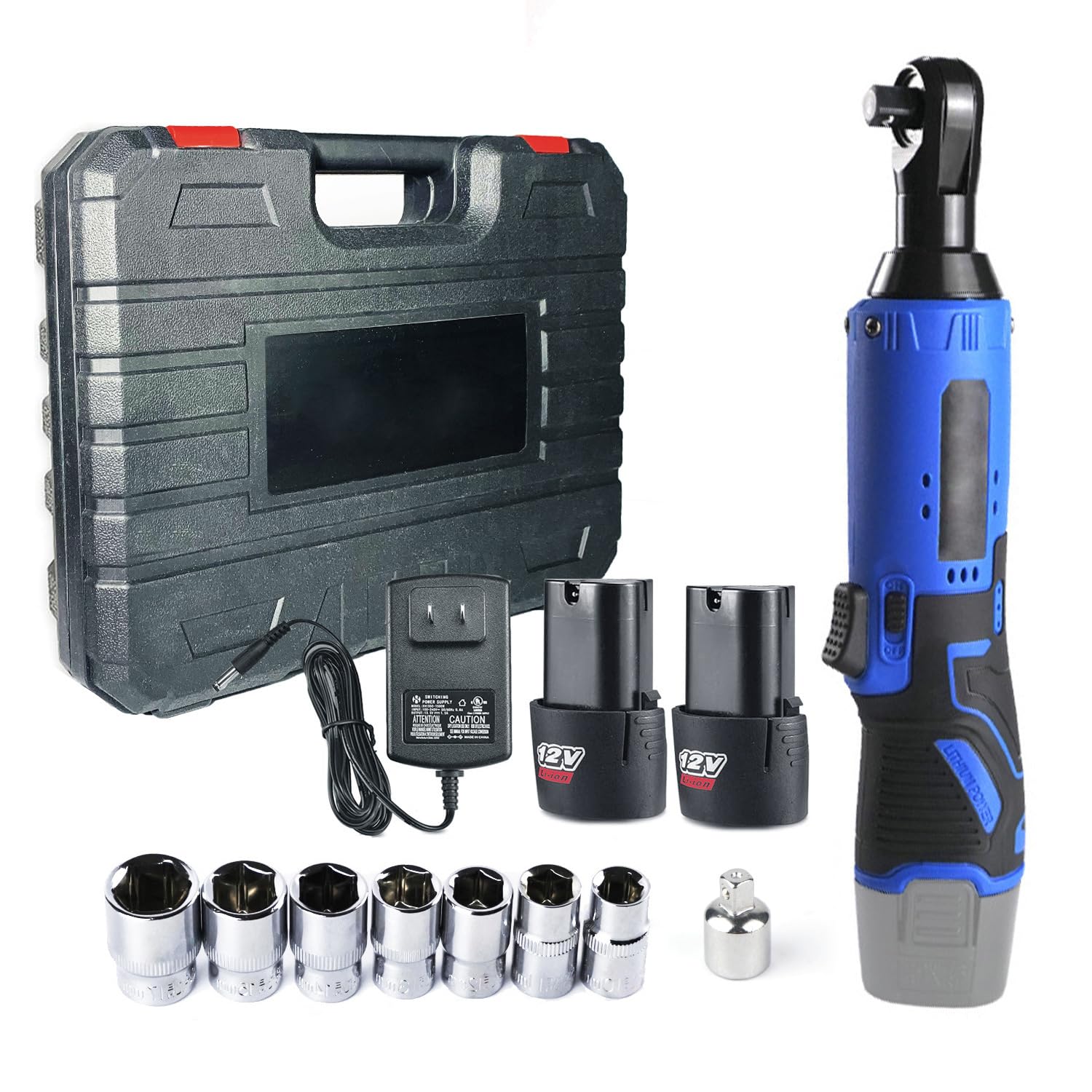 LIVIA ポータブル電動ラチェットレンチ、90度角度、コードレス、自動車修理用高トルクレンチ、LEDライト、リチウムイオンバッテリーツールセット、無段変速、過負荷保護、リバーシブル、充実したアクセサリー、収納ケース (青色12V 2バッテリー＋プラスチックボックス＋付属品)