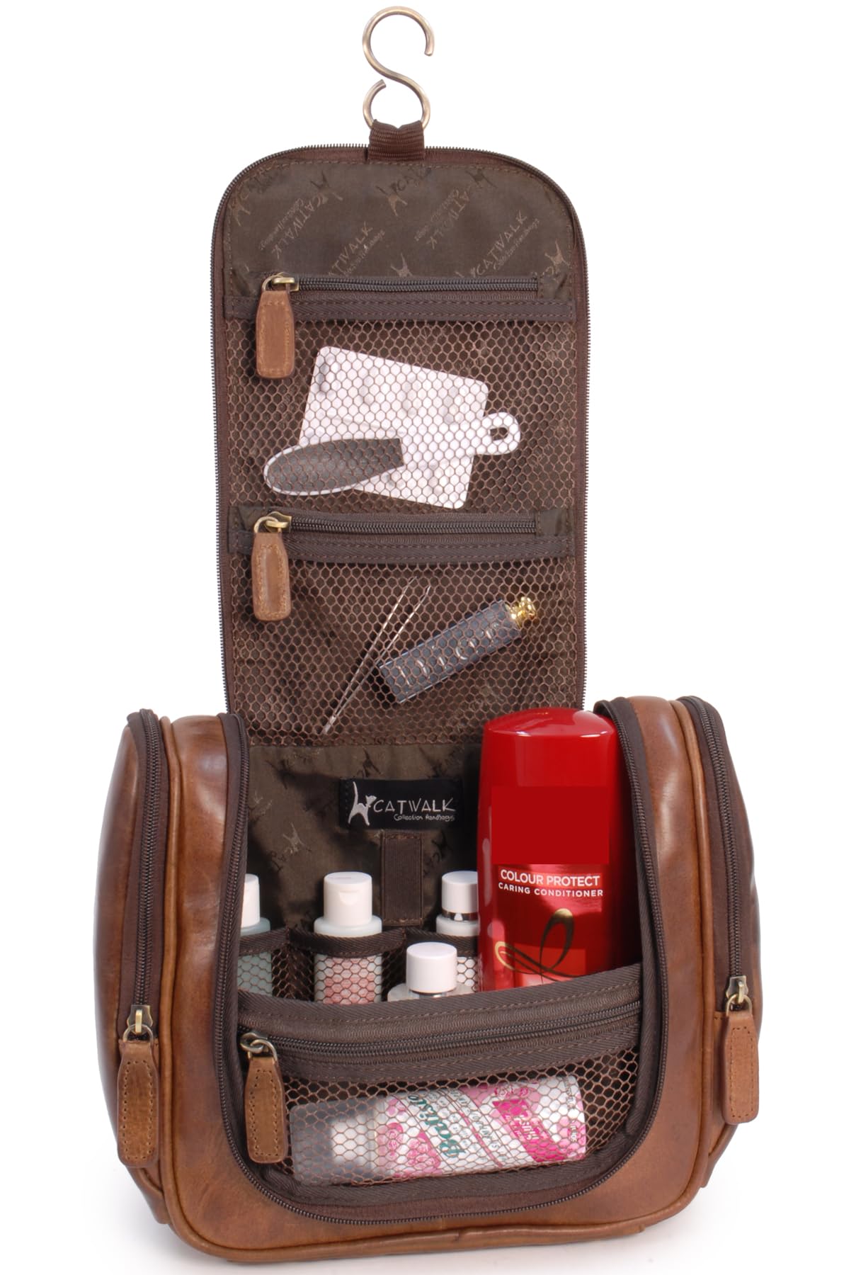 Catwalk Collection Handbags - Grande Borsa da Toilette Donna in Pelle - Beauty Case da Viaggio - Wash Bag con Gancio - Maisie - Marrone