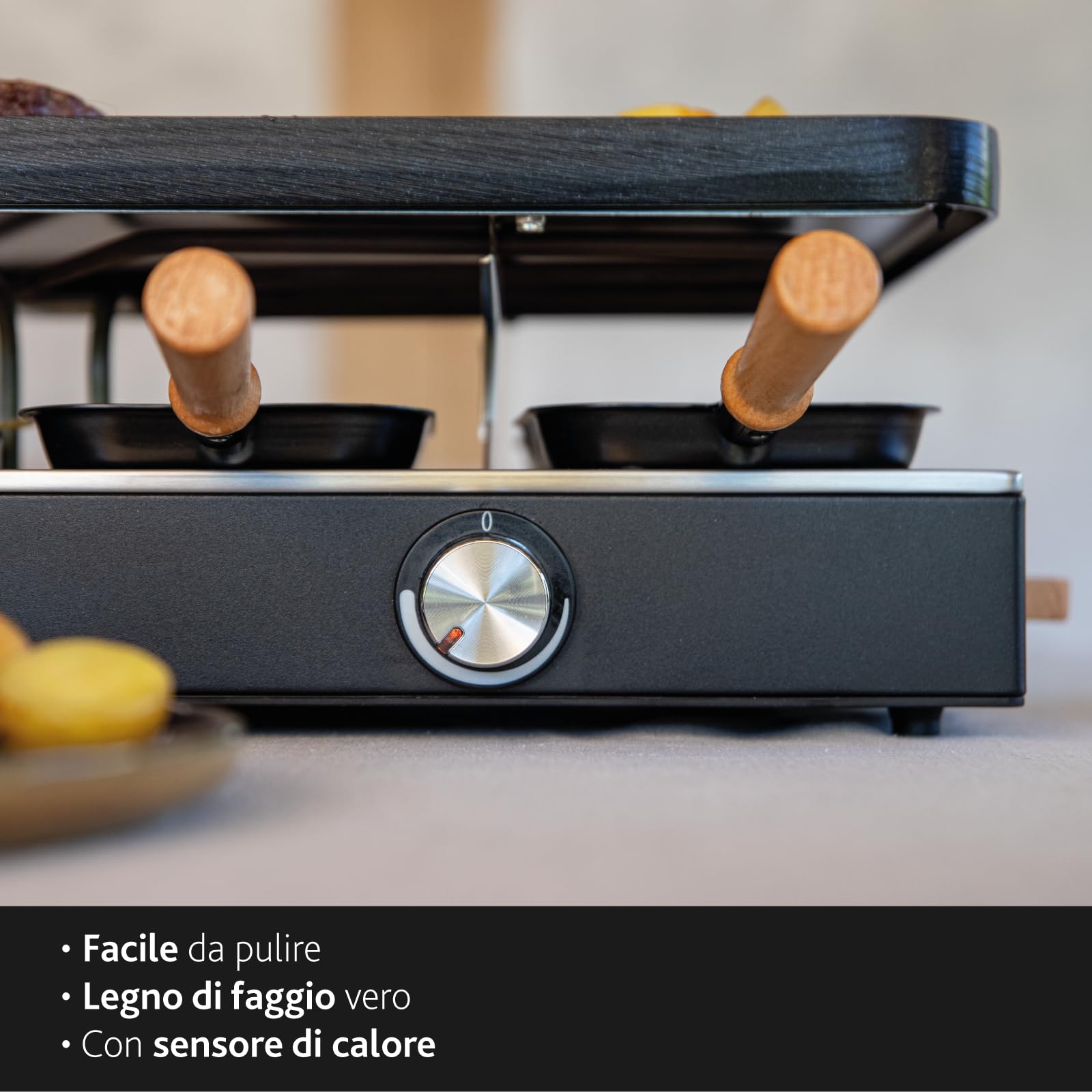 Boska Raclette Party – Griglia da tavolo per 8 persone – Senza PFAS – Piastra in ceramica – Manici in legno di faggio – Piastra in alluminio reversibile – Nero