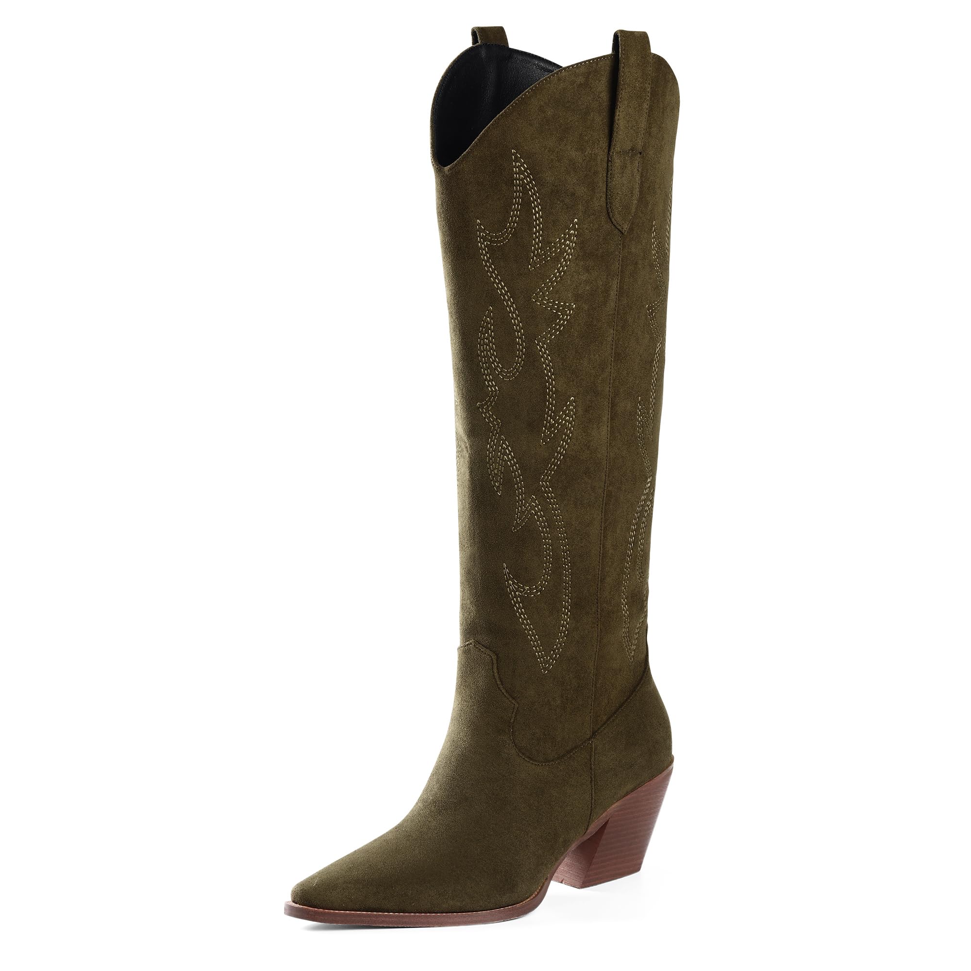 iiimmu Cowgirl Boots Women Knee High Boots Pointed Toe and Block Heel Cowboy Suede and Faux Leather Boots with Embroidered