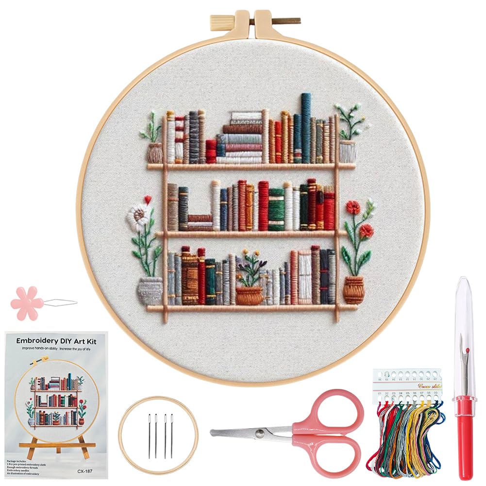 Embroidery Kit, DIY Embroidery Starter Kit Punch Needle Kit with Elegant Bookshelf Design Complete Embroidery Starter Kit with Patterns Threads and Needles Ideal for Relaxation and Crafting