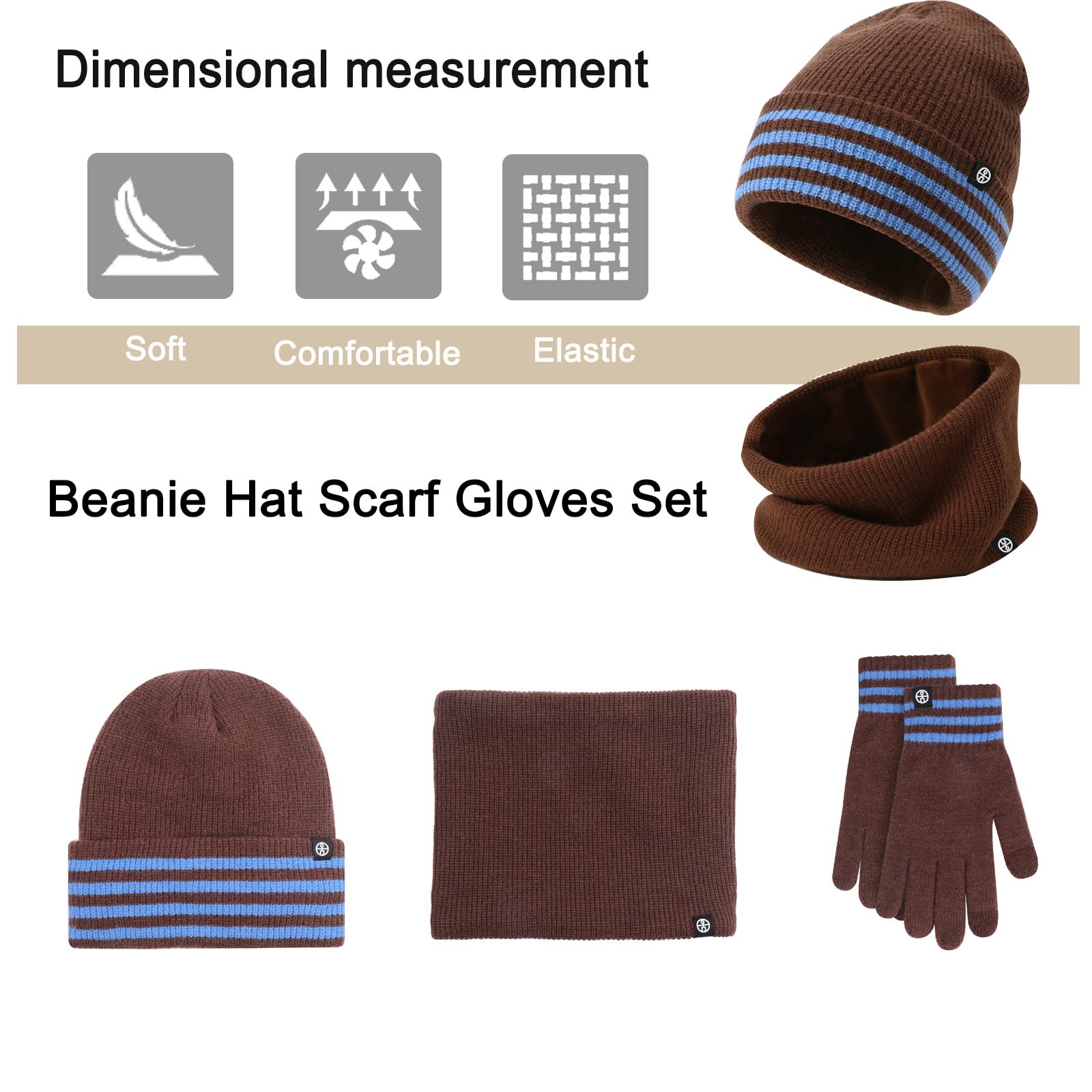Baynetin Zestaw zimowy 3 w 1 beanie, czapka, szalik, termiczna czapka z dzianiny z krawędzią kopertową + szal polarowy i rękawiczki do obsługi ekranów dotykowych, rozciągliwy, wiatroszczelny zestaw na