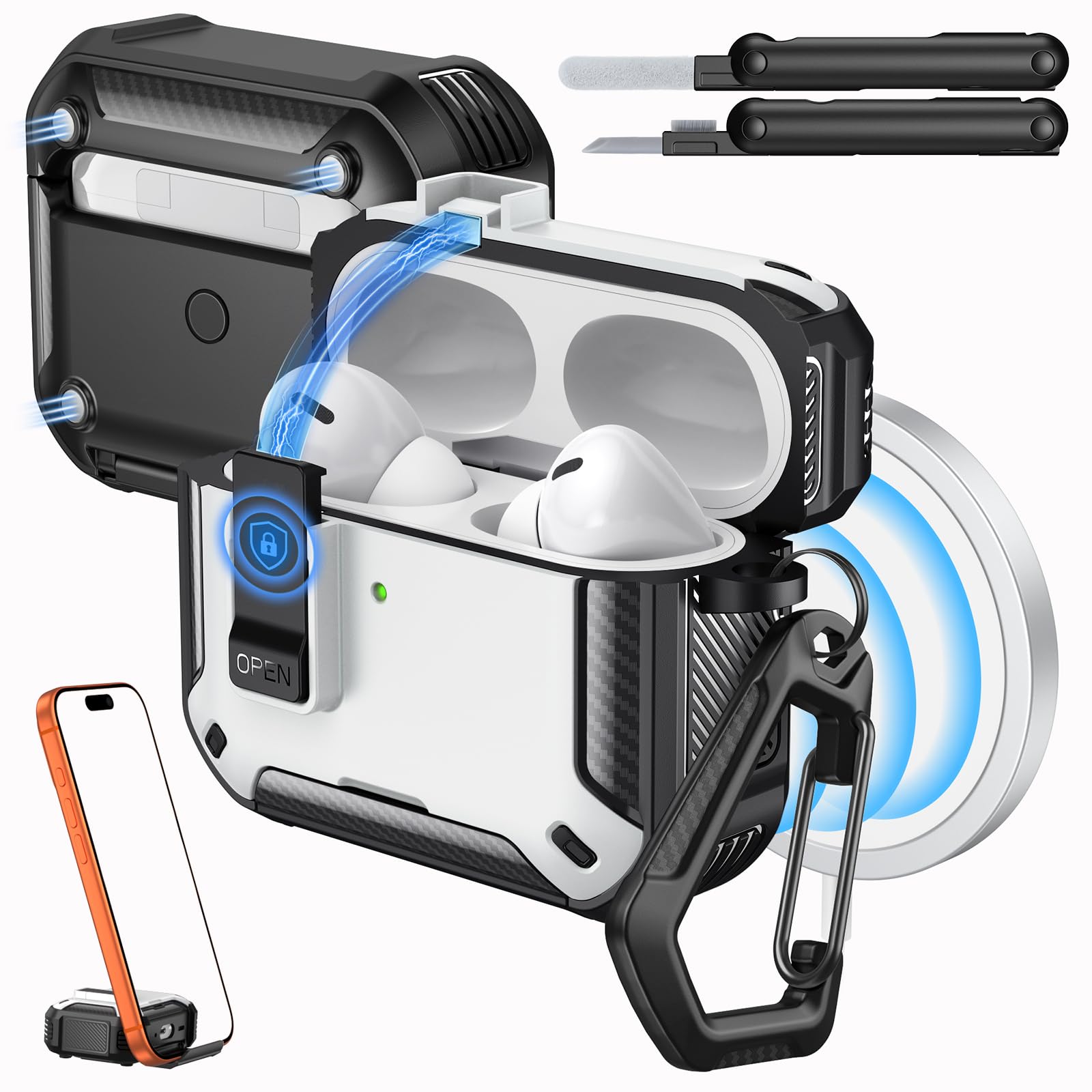 MoKo for AirPods Pro 2 Case with Lock - Compatible with MagSafe, Phone Stand & Auto Pop-up for AirPods Pro 2nd/1st Generation Case, Military-Grade Protective Cover with Cleaner Kit, White+Black