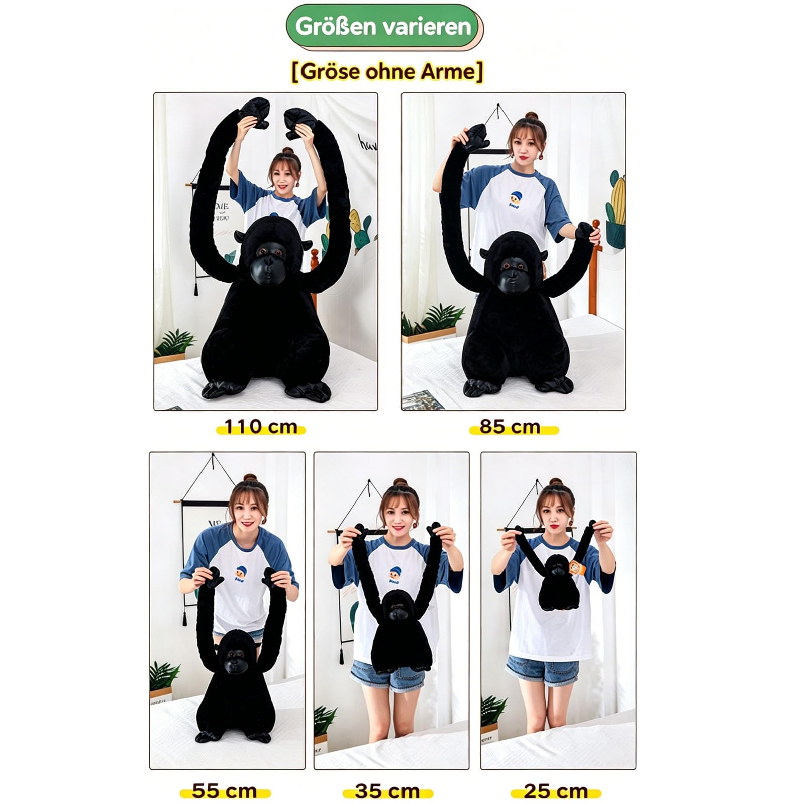 Gorilla PlüSchtier, Niedlicher Gorilla Wurfkisse AFFE Plüschtier Puppe Stofftier Lange Arme Haben Zum Spielen Umarmung Realistisches AFFE Stofftier,Tiere Puppe Geschenke (55cm,Schwarz)