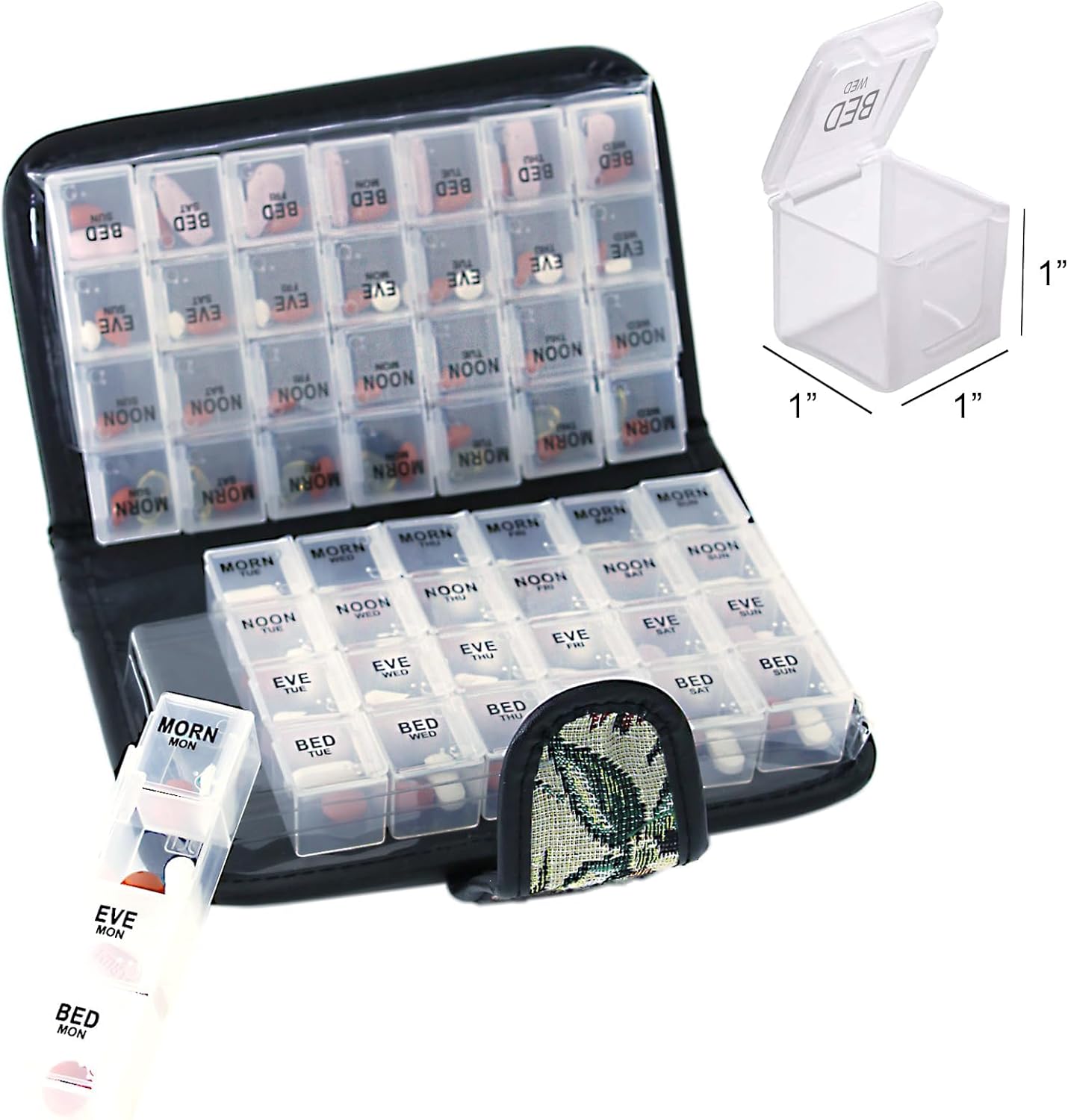 Floral Pill Case Box, 14 Day Pill Holder Pill Container & Medication Organizer, Travel Case - 4 Marked Compartments for Each Day of The Week - Morn, Noon, Eve, Bed