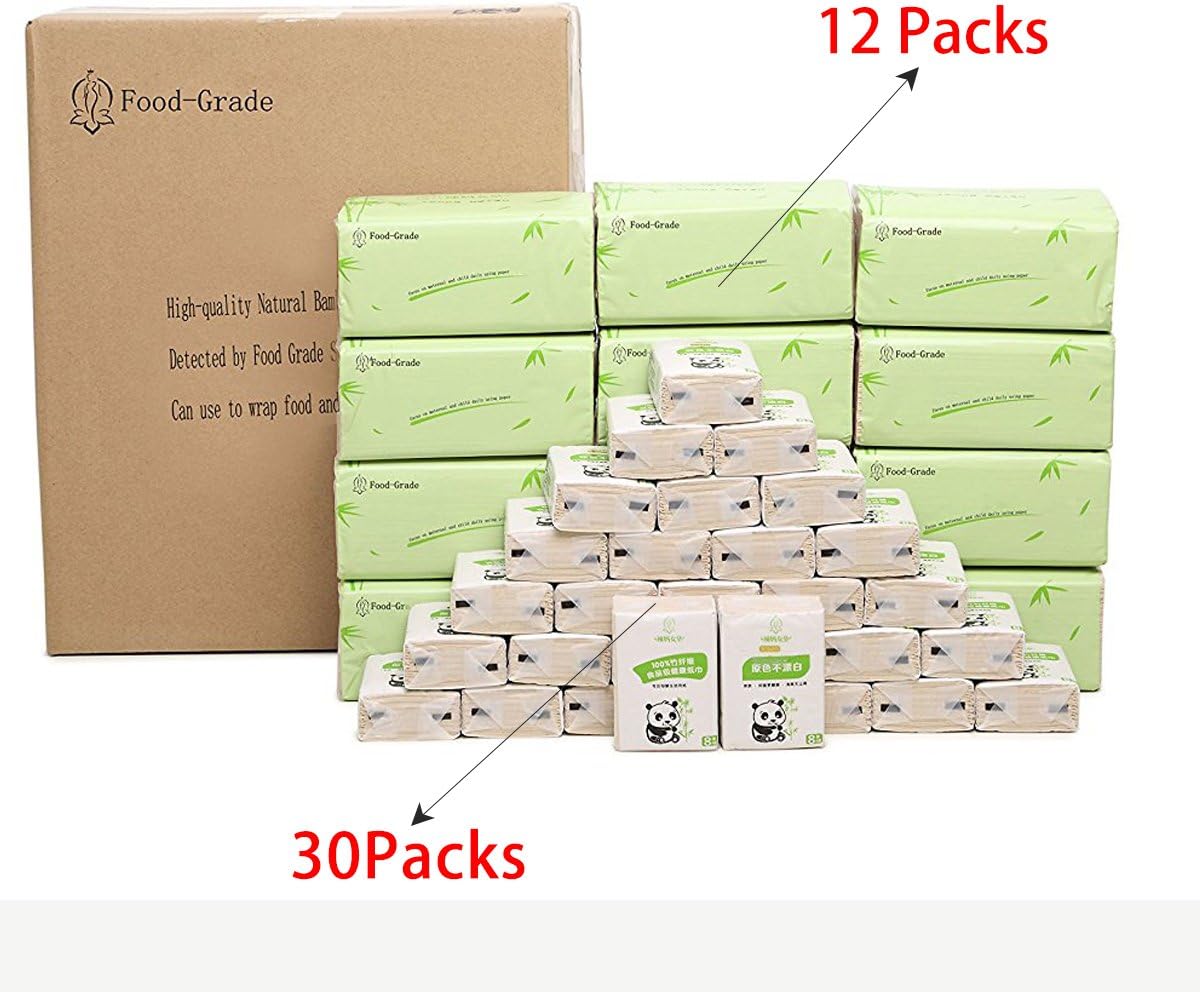 30 Pocket Packs 4-Ply Facial Tissues, 12 Packs 3-Ply Cube Box Facial Tissues Bamboo Paper No Bleaching Strong Water Asorption Soft and Strong LM001 [Energy Class A+]
