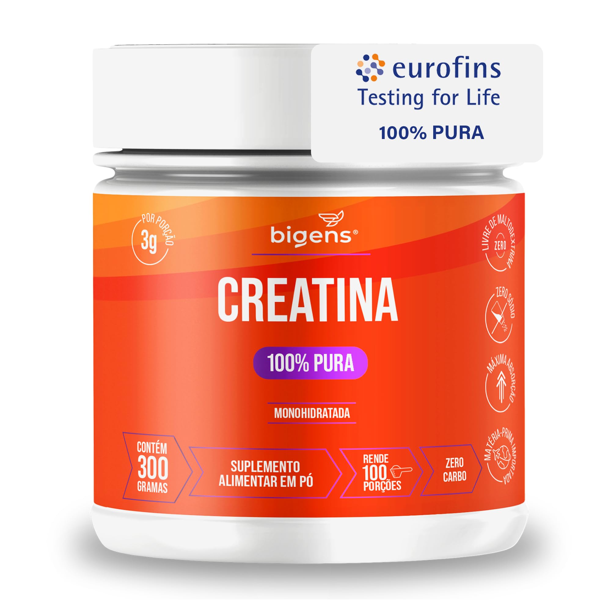 Bigens Creatina 100% Pura Monohidratada, Sem Sabor, 300g
