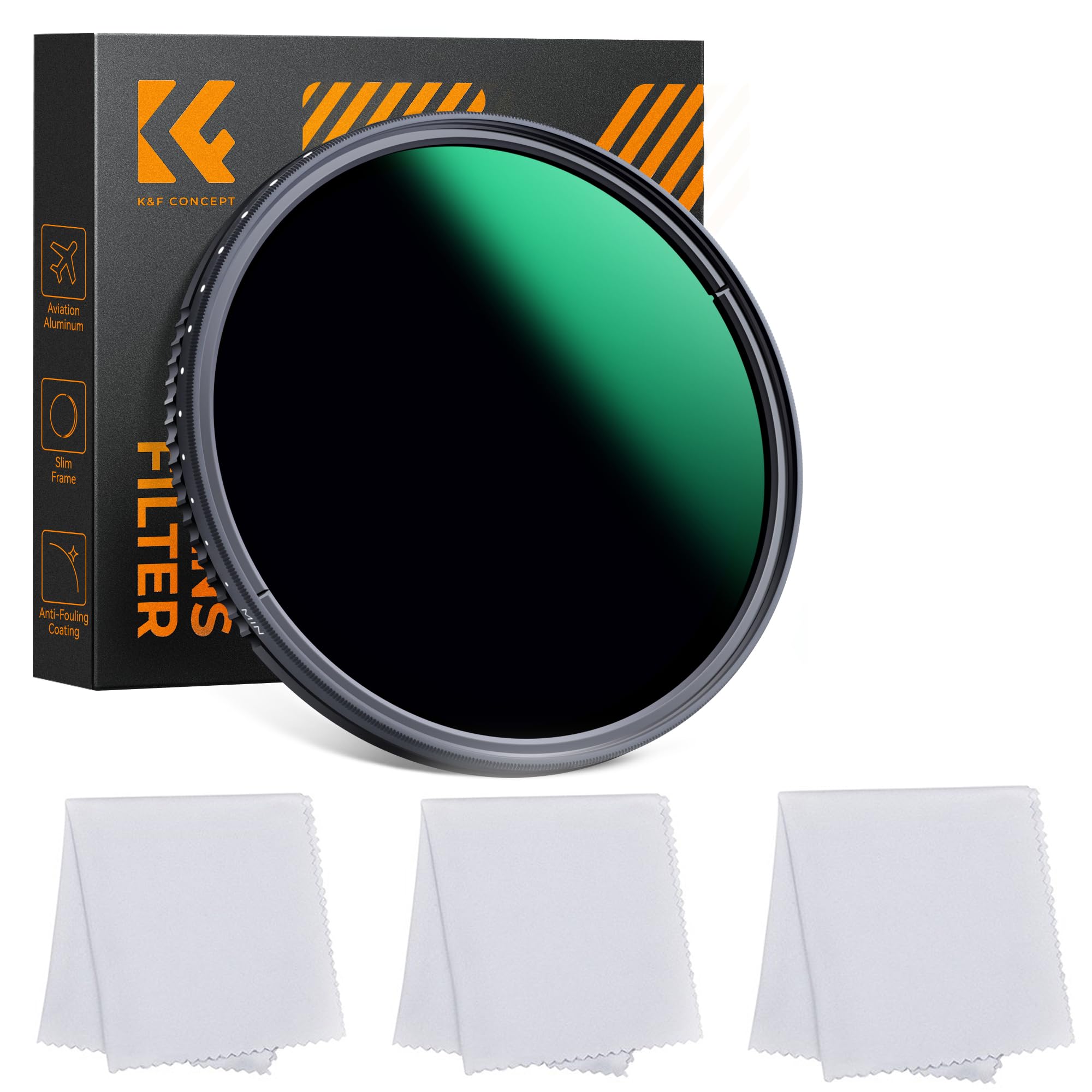 K&F Concept ND8-2000 (3-11stop) Filtro ND regolabile a densità neutra variabile con rivestimento multi-resistente per obiettivi della fotocamera + 3 panni in microfibra (77 mm)