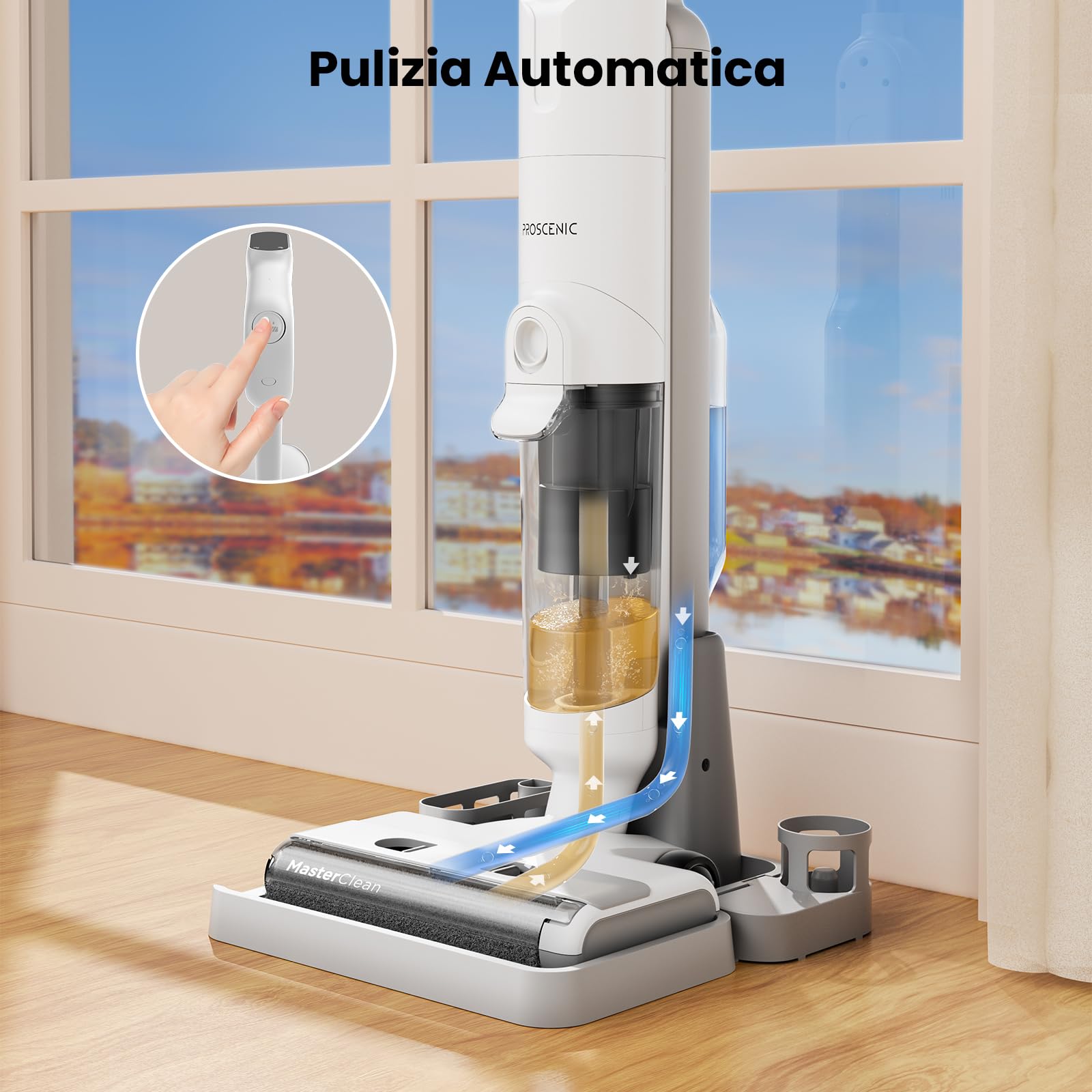 Proscenic F10 Pro Aspirapolvere senza Fili Lavapavimenti Potente Intelligente Pulizia per Duro Pavimento Secco e Umido, Spazzola Autopulente con Bordi Stretto, Display LED, Spruzzo dell'Acqua