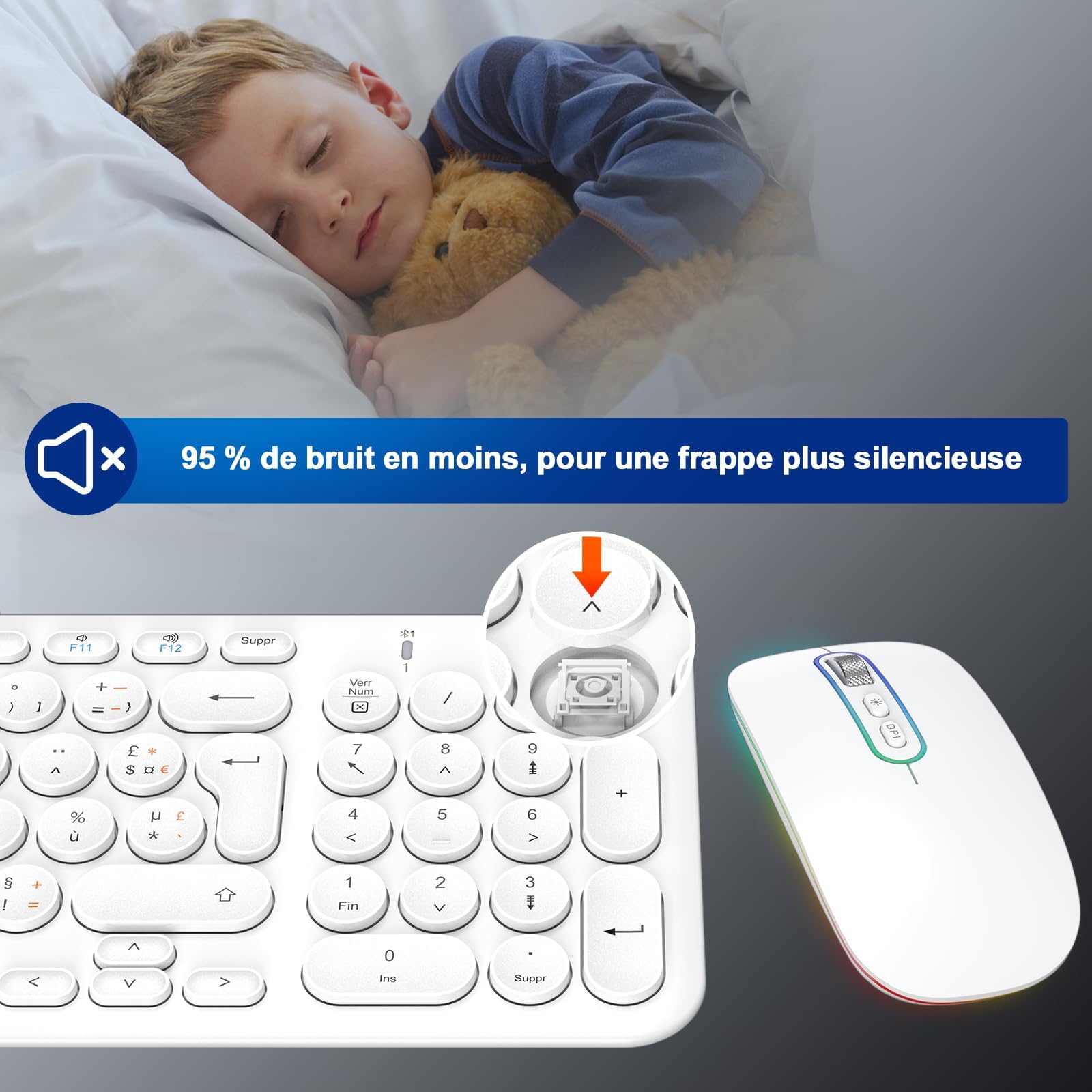 Cimetech Ensemble Clavier Souris sans Fil Rechargeable Multidispositifs (2,4 GHz+BT1+BT2), Combo Clavier Français et Souris avec Pavé Numérique pour Wins/Linux/MacOS (Blanc)