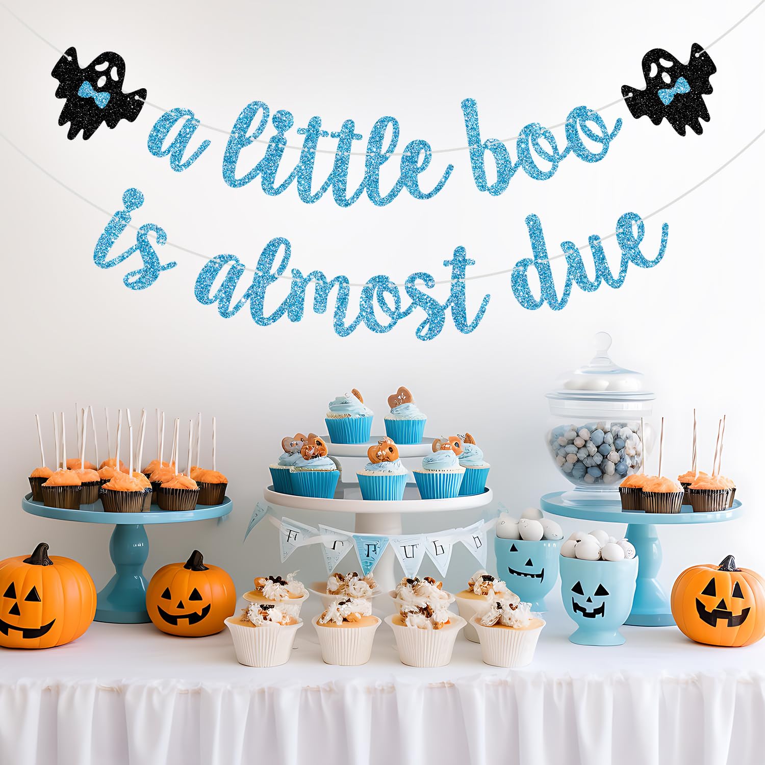 Blue Black A Little Boo Is Almost Due Banner Garland For Halloween Boy Baby Shower Decorations