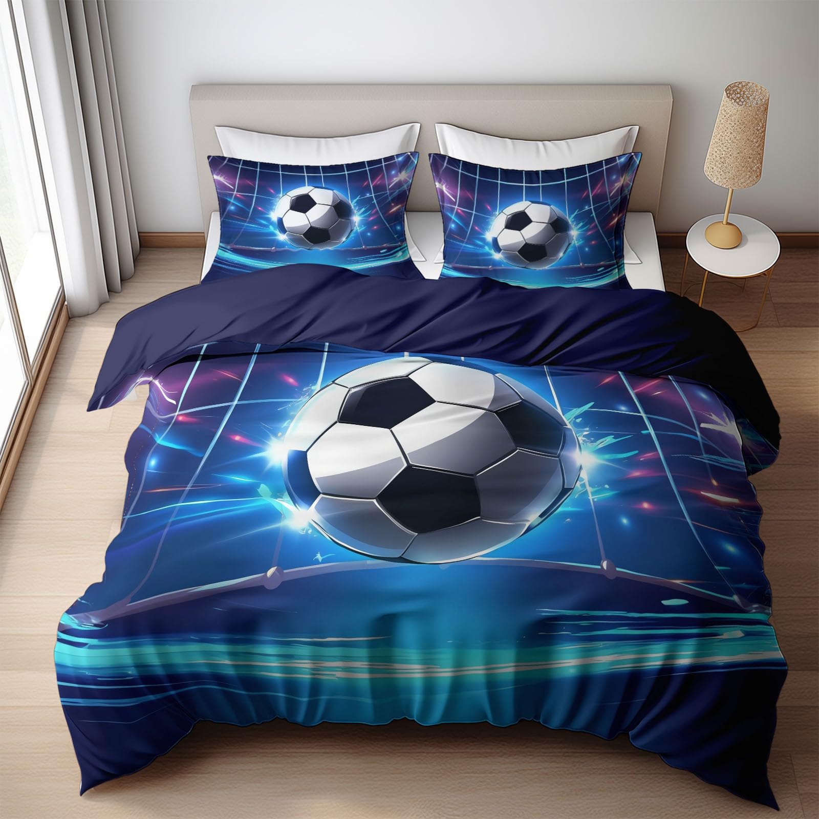 Blue Duvet Cover Twin Size 2 Pieces Football Comic Style, Bedding Set Room Decor Bedspread for Kids Teens, Comforter Quilt Cover Bedding Set with Pillow Sham