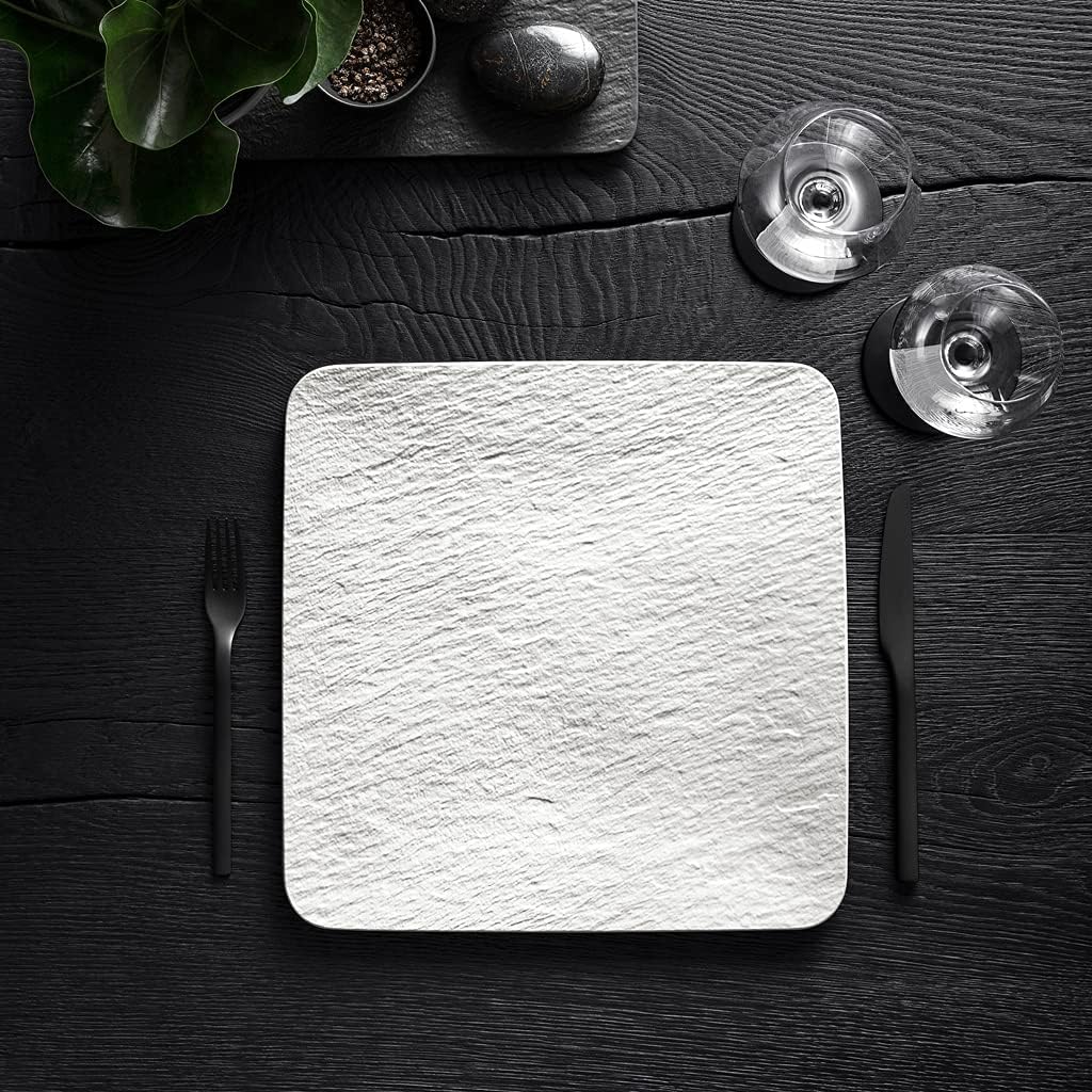 Villeroy & Boch Manufacture Rock Blanc Square Gourmet Serving Plate, Premium Porcelain, Made in Germany, Dishwasher Safe, White, 12.75 x .5 in