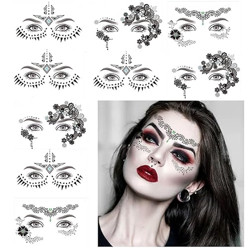 Miniatura 8 de Paquete de 9 calcomanías de maquillaje facial de ojos, impermeables, de encaje negro, tatuaje temporal para mujeres y niñas, Halloween, Navidad,