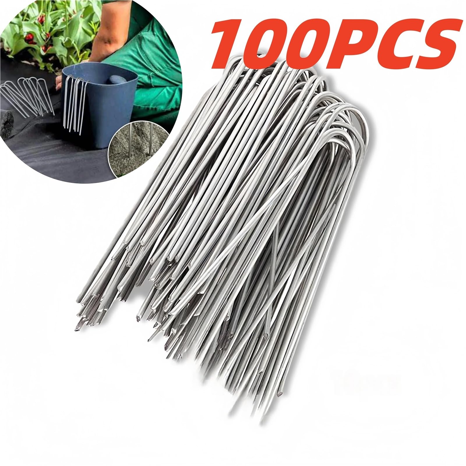 100 Pezzi di picchetti da Giardino a Forma U, Punti Metallici zincati for Giardinaggio, reti in Tessuto for agricolo per Giardini(Silver-4cmx10cm)