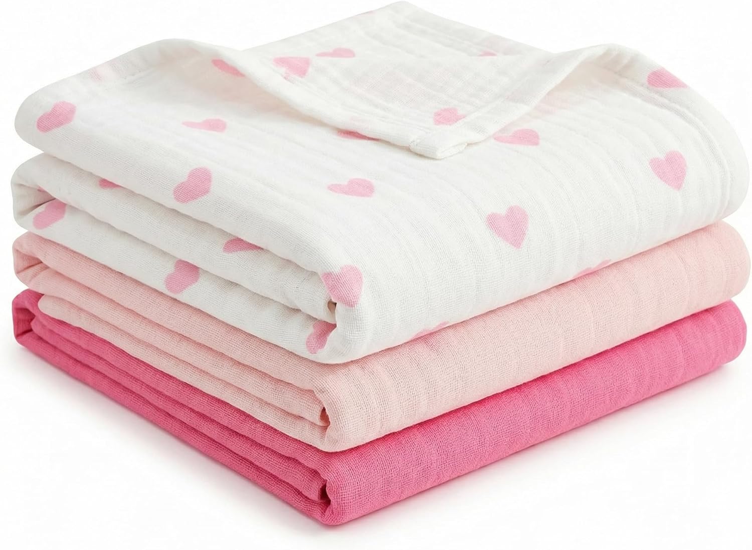 Muslin Swaddle Blankets for Boys Girls, 3 Pack Receiving Baby Blanket Large 47 x 47 inches, Soft Breathable Swaddling Wrap for Unisex Newborn (Gentle Pink, Pink, Love)
