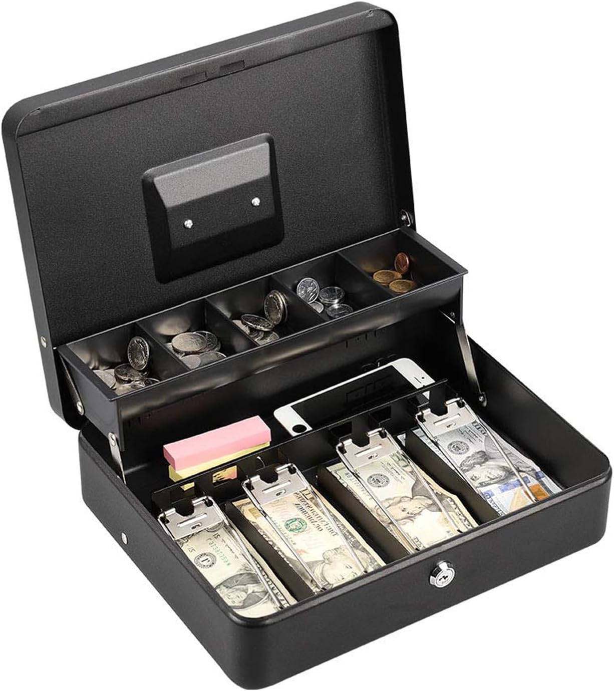 Metal Cash Box Lockable Money, Coin and Note Security Box Large Cash Box with Lock - New Metal Money Tin 100% Safe, 30 cm x 24 cm x 9 cm, Black