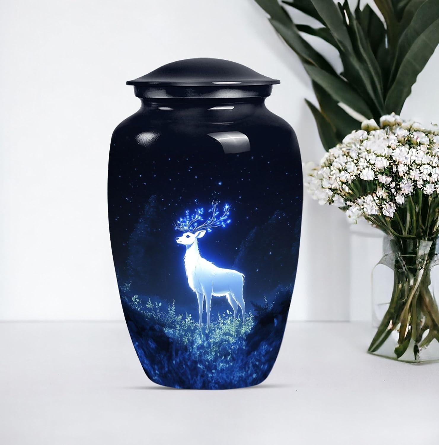 Deer in Night Memorial Urn, 10 Inch Urn for Ashes Adult Male, Large Funeral Urn, Memorial Cremation Urn for Human Ashes, Burial Urn for Mom, Black Urn, Deer Urn