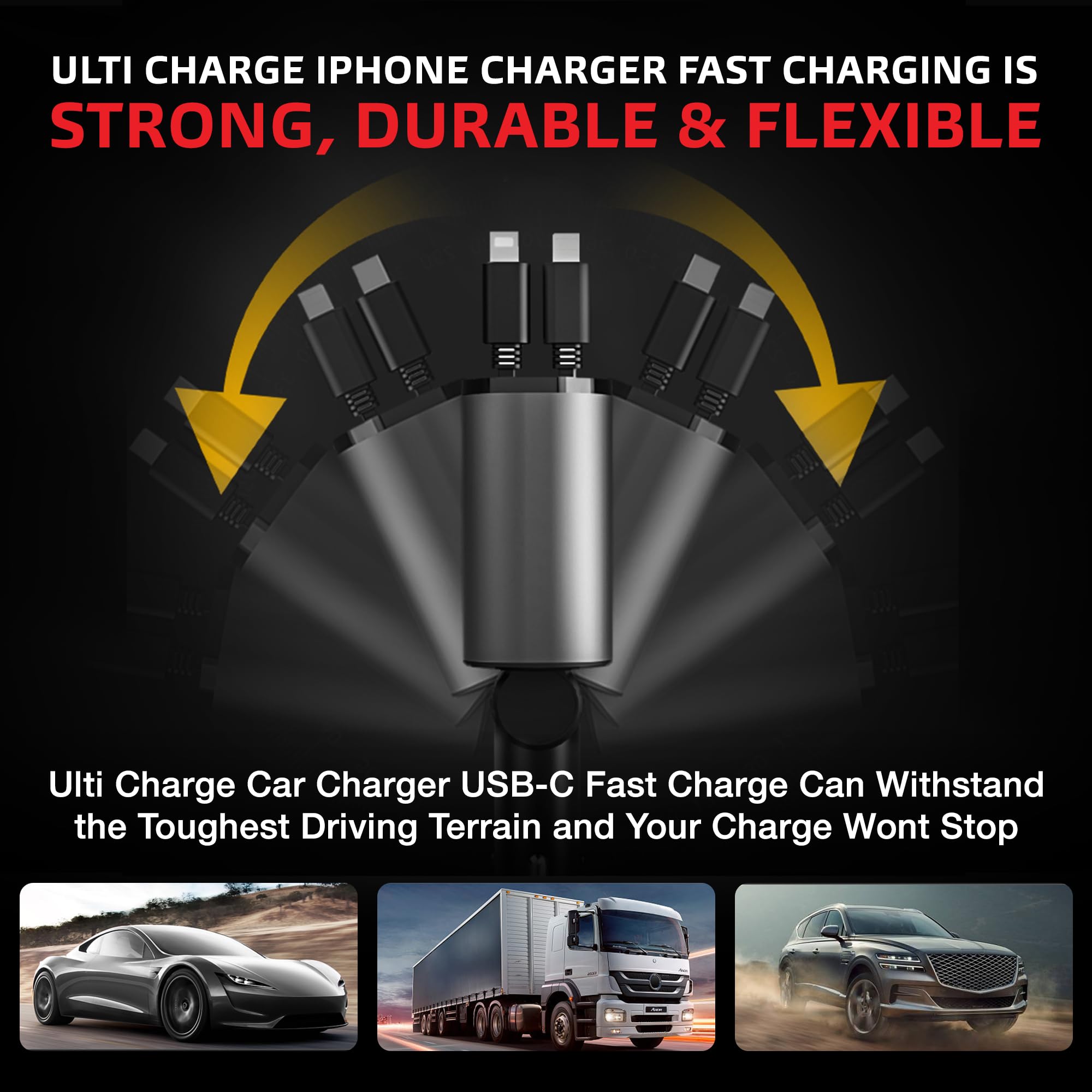 Multi Charge Pro - Cargador de Coche retráctil USB C para iPhone, Carga rápida, 120 W, 4 Puertos USB-C y USB-A y Lightning iPhone, Samsung, tabletas...