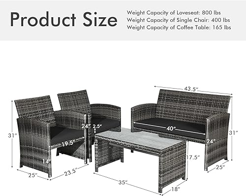 Miniatura 7 de Goplus Juego de muebles de ratán de 4 piezas, sofá de conversación de mimbre para exteriores con cojines resistentes a la intemperie y mesa de