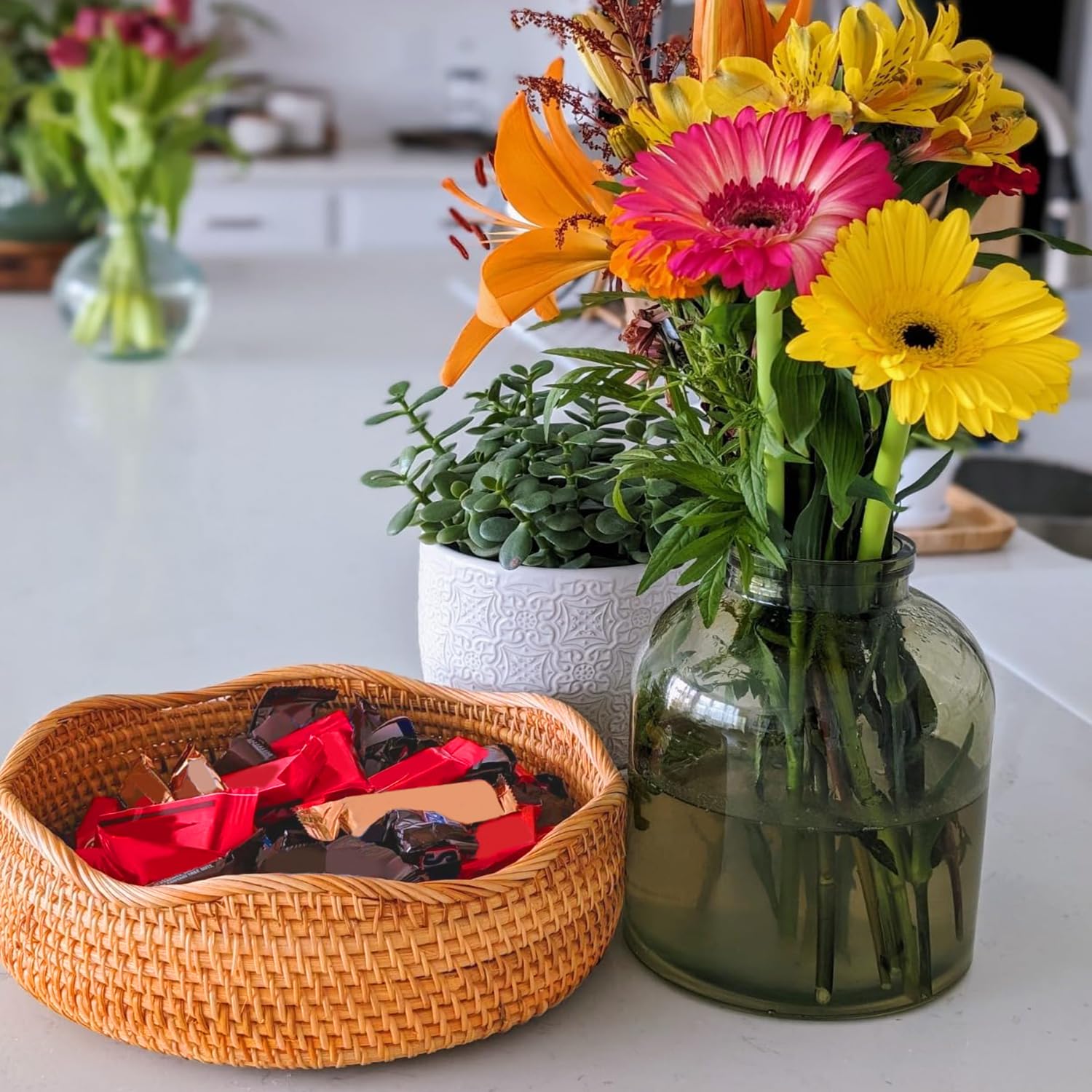 Cestas de pan de ratán hechas a mano, auténticas cestas de servir tejidas a mano para cocina, cuencos redondos de almacenamiento de frutas, elegante organizador de encimera de cocina para