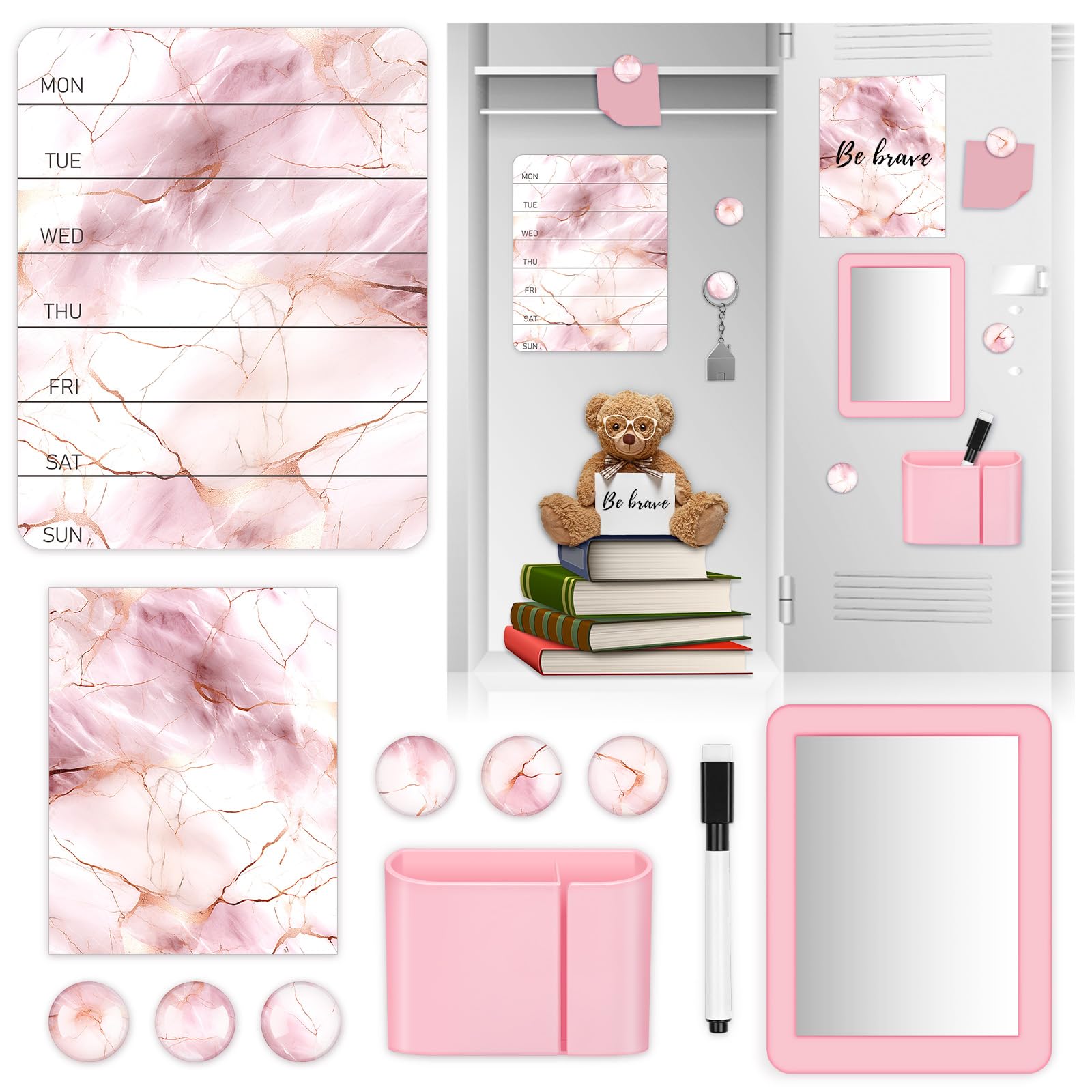 11 Pcs Pink Marble Locker Accessories Kit with Magnetic Marble Whiteboard Locker Mirror and Pen Holder Marble Lockers Organizer Decorations Back to School Essentials Locker Decorations