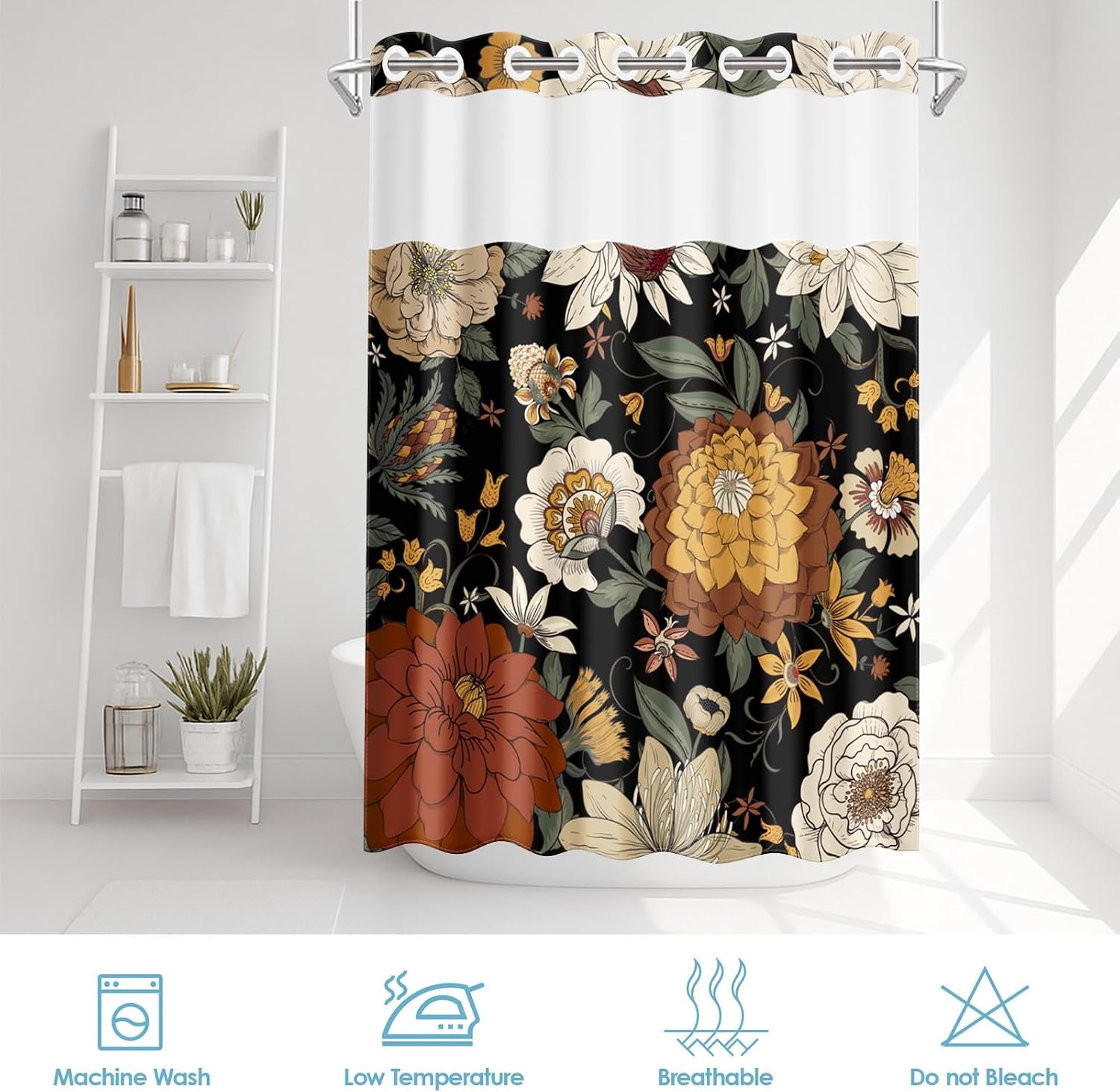 No Hook Boho Floral Shower Curtain with Snap in Fabric Liner Set, Vintage Colorful Flower Double Layers Waterproof Fabric with See Through Top Window Open Grommet Bath Curtain 71x74 Inch