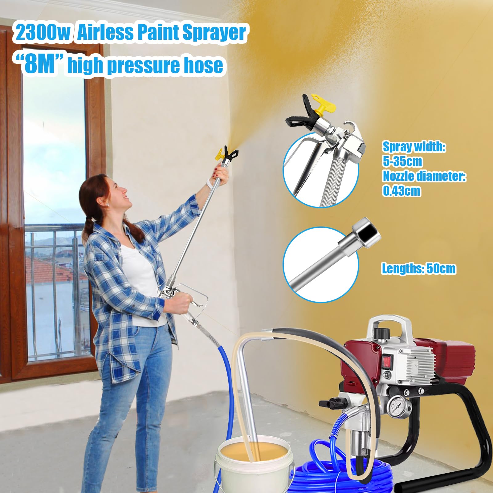 Pulverizador de Pintura 2300W Máquinas Pintura Airless, 220V, 2.3L/min Pistola de Pulverización Eléctrica sin Aire, Alta presión, Adecuado para fachadas de Casas, Suelos, Carreteras, etc