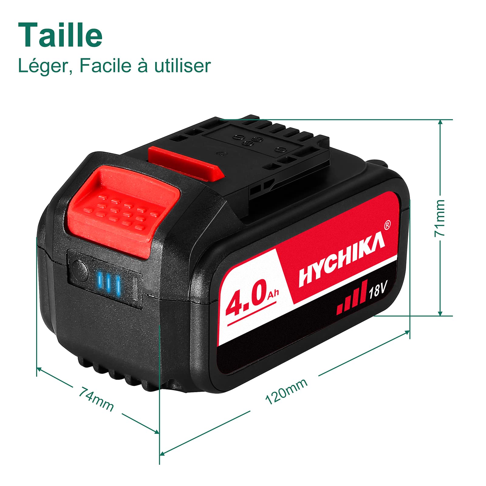Batterie HYCHIKA 4000mAh 18V, batterie au lithium pour outils HYCHIKA 18V, Scie Sabre sans fil, clé à chocs sans fil et Brushless Perceuse Percussion, Ne convient pas au Perceuse sans fil 18 V DD-18BC