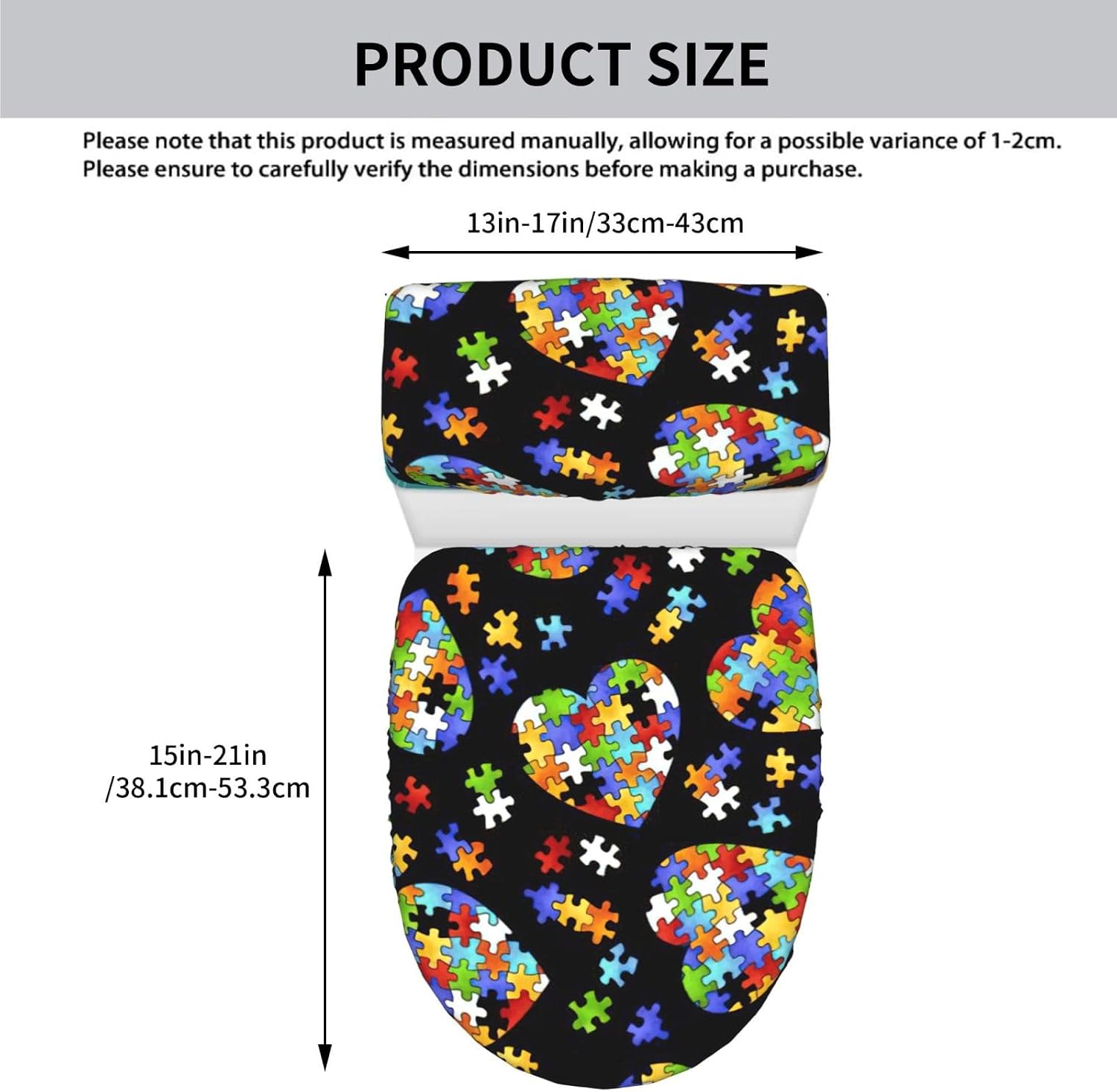 2 Pcs Autism Awareness Puzzle Pieces Heart Print Toilet Lid Cover And Toilet Tank Lid Cover Set, Soft Stretchable Bathroom Covers, Fits Round And Elongated Toilet Seats, Washable And Decorative