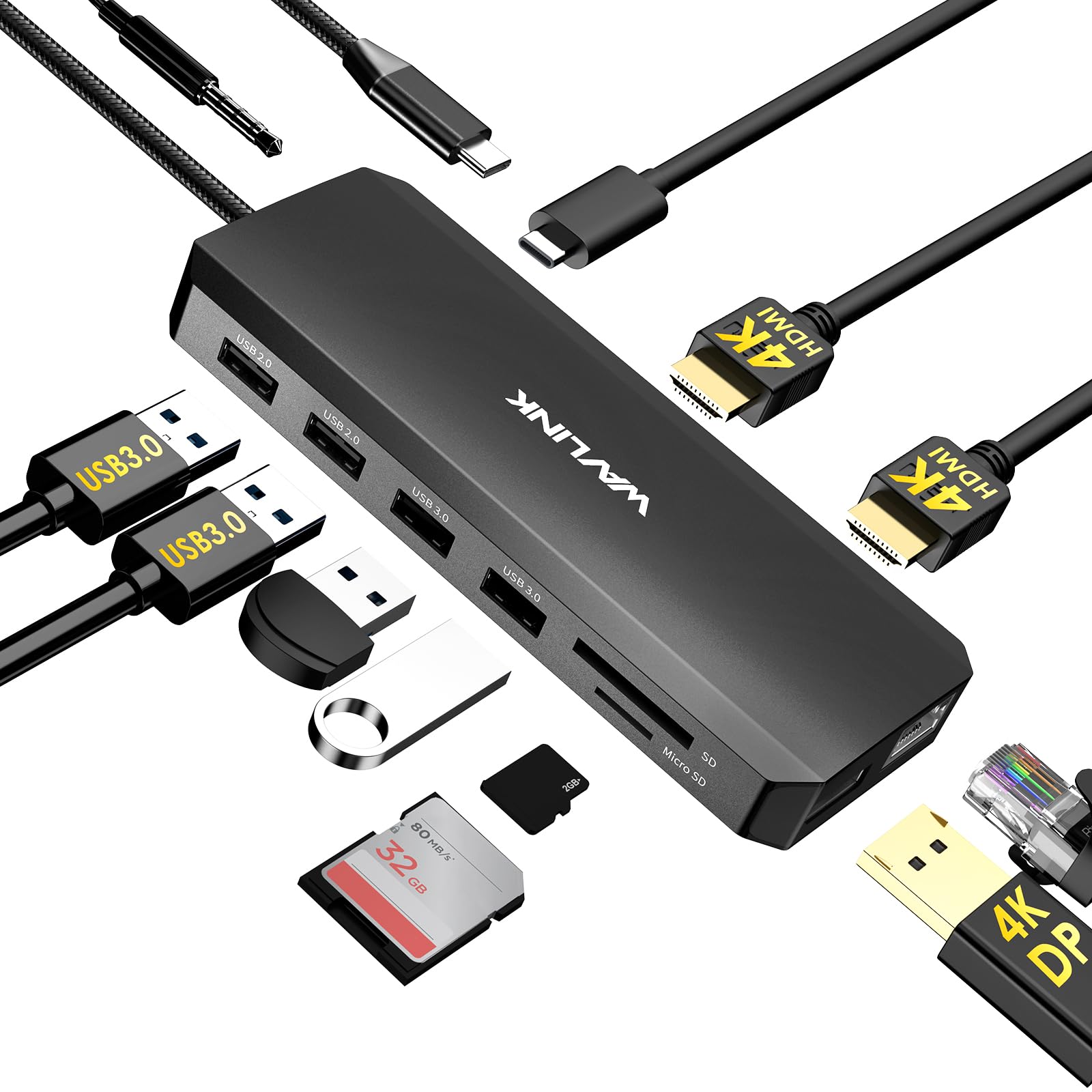 WAVLINK Laptop Docking Station Dual Monitor Triple Display for Windows OS USB C Hub with 2 HDMI DisplayPort