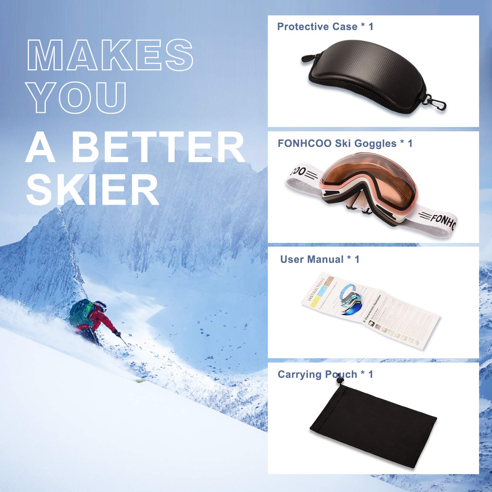 FONHCOO Occhiali da sci per uomo donna, anti-appannamento OTG occhiali da snowboard con lenti staccabili, rosa